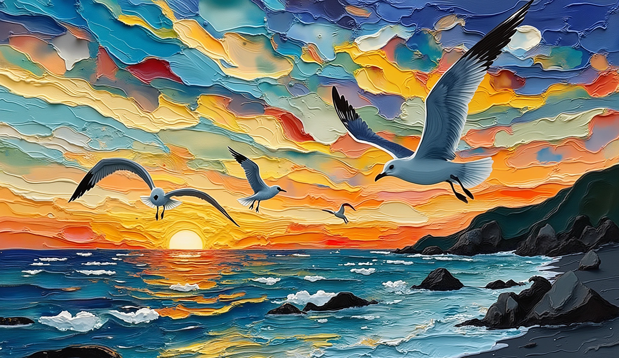  alchogol ink fluid, azure-blue-lime peach yellow bronze red burgundy, in the style of Gustav Klimt,  sea sunset seagulls