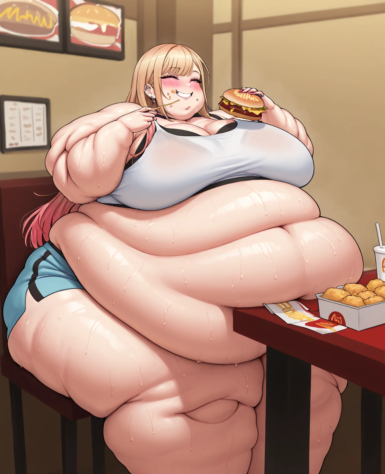 Rose Tyler, in a fancy restaurant, surrounded by food, food everywhere, table full of food in foreground, realistic, (realistic:1.5), wearing choker collar, (naked body:1.9), topless, (naked breasts:1.5), gigantic breasts, (gigantic breasts:1.5), lots of cleavage, (hyper breasts:1.9), stuffed belly, (fat belly:1.5), lactating breasts, (lactating breasts:1.5), 1girl, solo, (alone:1.9), ahegao face, (ahegao face:1.5), obese, (obese body:1.5),