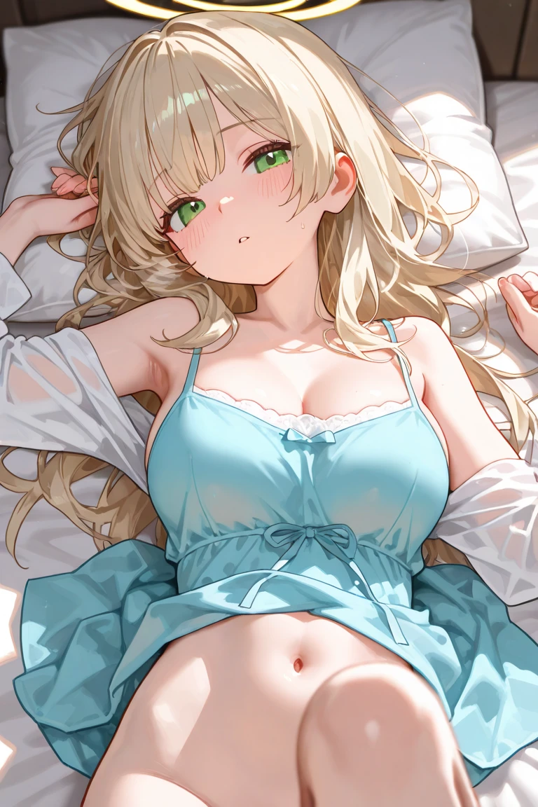 Masterpiece, (highest quality), Alone, (Young Woman), Solo, Blonde Long Straight Hair, Big, Dog Ears, (Golden Eyes), (Pajamas with green and white stripes), Barefoot, Shy, Red cheeks, Smiling gently, Slightly open eyes, Sweating a lot, Holding her stomach with both hands, (Lying on her back), (Very dark)), (Midnight Room))), On the bed, ( Upper body only image)