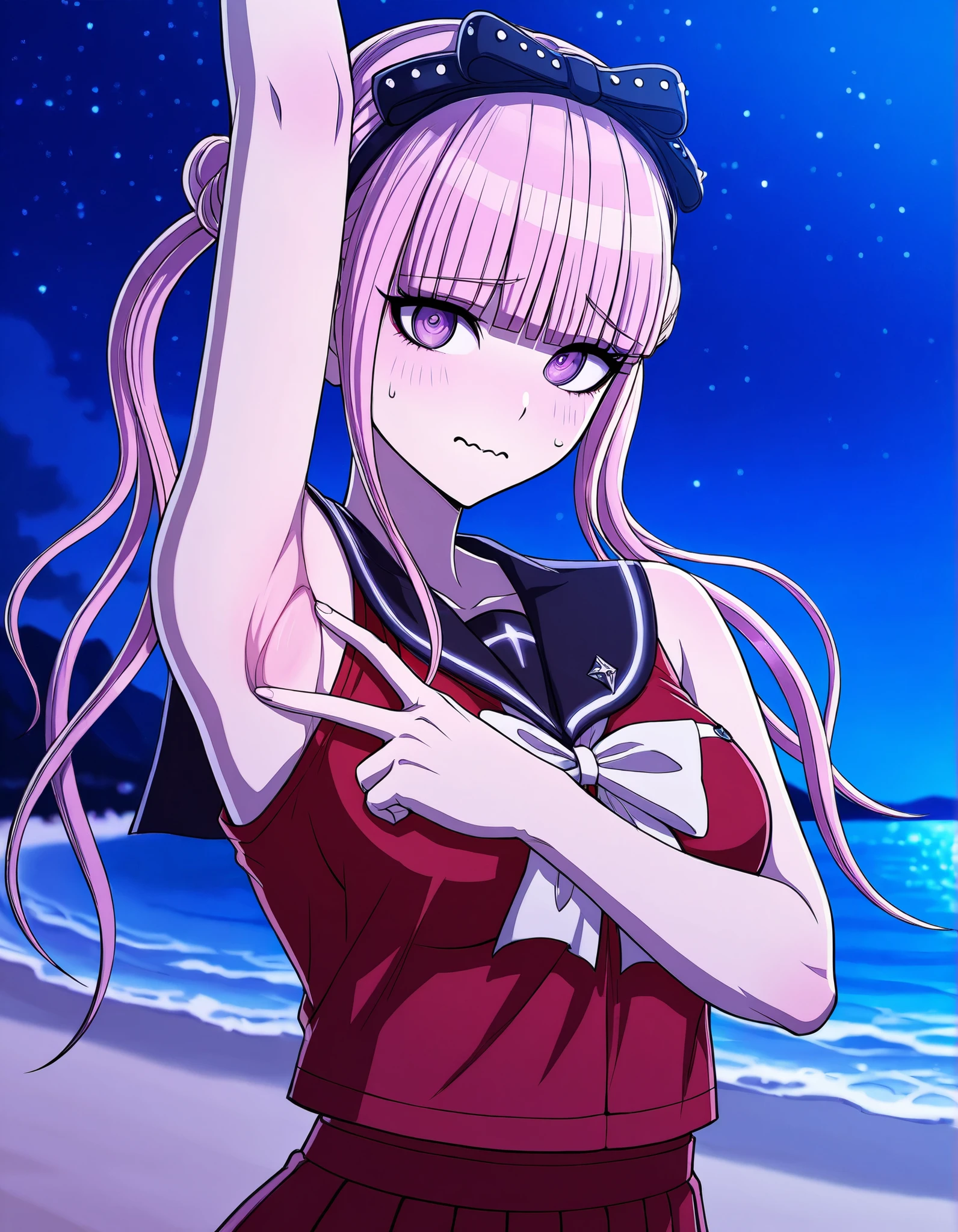 kako, pink hair, purple eyes, twintails, double bun, bow, blunt bangs, red serafuku, black sailor collar, sleeveless, game screencap, high quality, closed mouth, solo, upper body, night sky, beach, spread armpit, armpits, armpit focus, v, ((contrapposto)), looking at viewer, wavy mouth, shy, best quality,