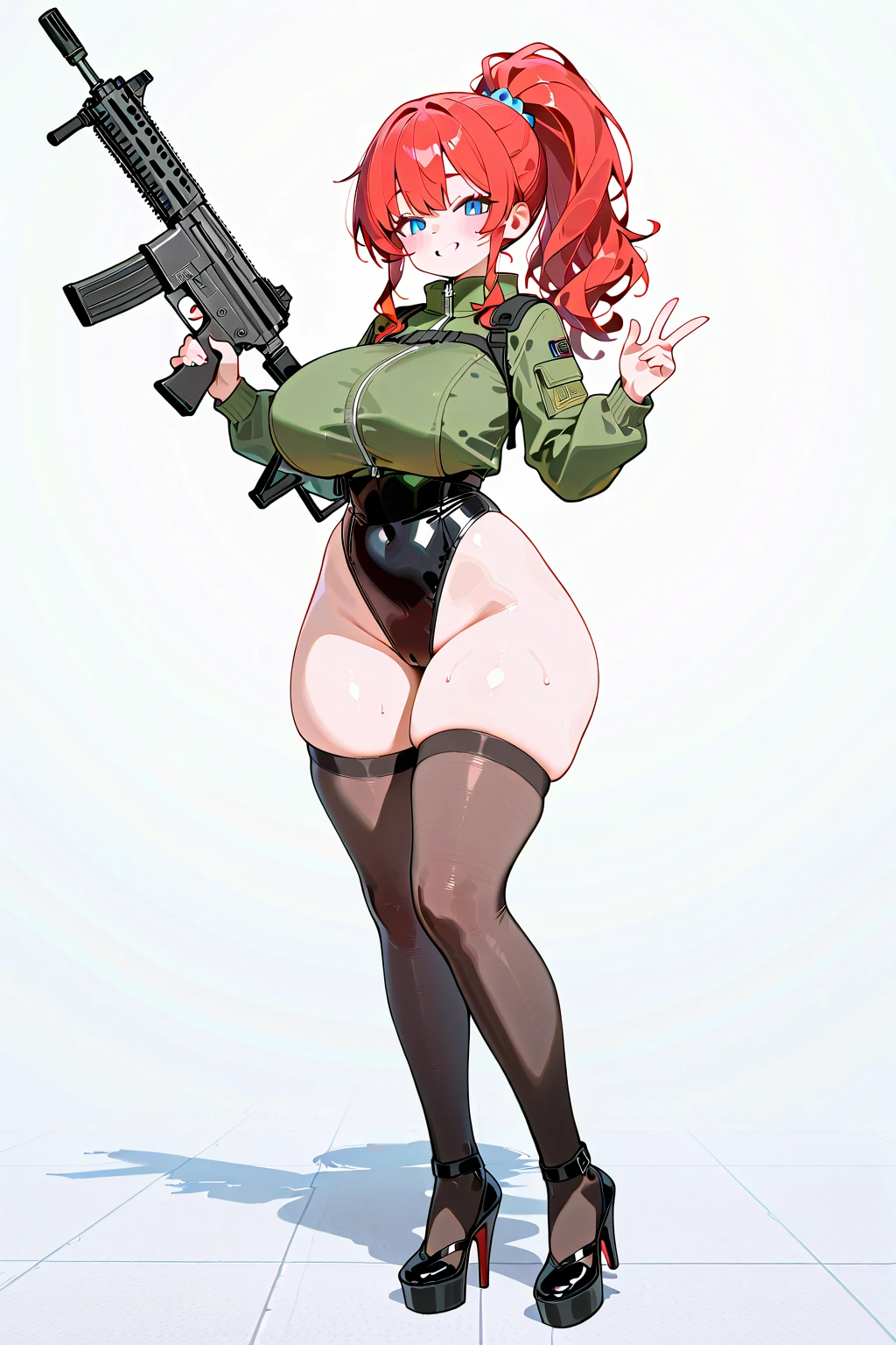 military camouflage, battle, angry scream, Open mouth, young girl, Pullover, whole body to see, (( very wide hips)), (((colossal Thighs, gigantic thighs, very huge thighs, very big thighs))), fullbody, platform heels, pale skin, very Big breast, firm breast, naked, nude , nipple pasties, crotch pasties, Battle, fighting, gun, braids bang hair, leg garterbelt, shoulderless, sleveless, redhead, freckled skin, body freckles,