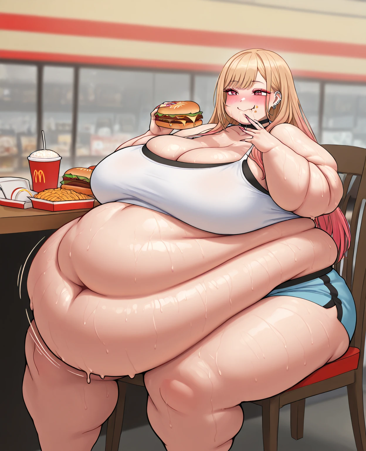 masterpiece, best quality, highres, detailed, (realistic:1.2), young woman, USSBBW, (morbidly obese), detailed face, beautiful face, happy expression, (streched clothing), (ripped clothing), canteen, eating food