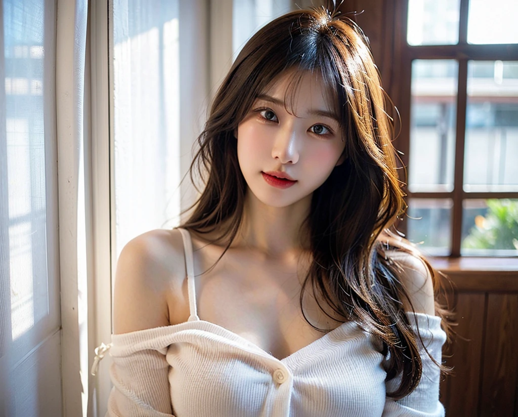Dark brown hair、Light brown eyes、Japanese actress face、 Lady、I&#39;Iは彼とIが好きです&#39;I&#39;Iは40歳くらいです.、(Intricate details:1.2)、(Which is the top?????:1.4)、 (Ultra-high resolution:1.2)、Ultra-high resolution、(Finely tuned)、(Detailed facial features)、Hmph、8k resolution、D cup size breasts、Long Hair、Bright bathroom with sunlight shining in、Large windows、Extravagant space、relax、、,Full body photo、Head to toe shot、Beautiful feet、white　Loose sleeveless knit、white、A refreshing room full of sunlight、she, household items,   (plant:0.8), Fashion Hub, Very detailed, Very detailed, Realistic, Hourglass Shaped Body, Obscene pose,、、I cry a lot、tears、whiteい壁、whiteい床、diagonally from below、Wrapped in the curtains by the window, それはIを覗き込む.、A silhouette peeking through the gap in the curtains、Wrap the curtains around your body、