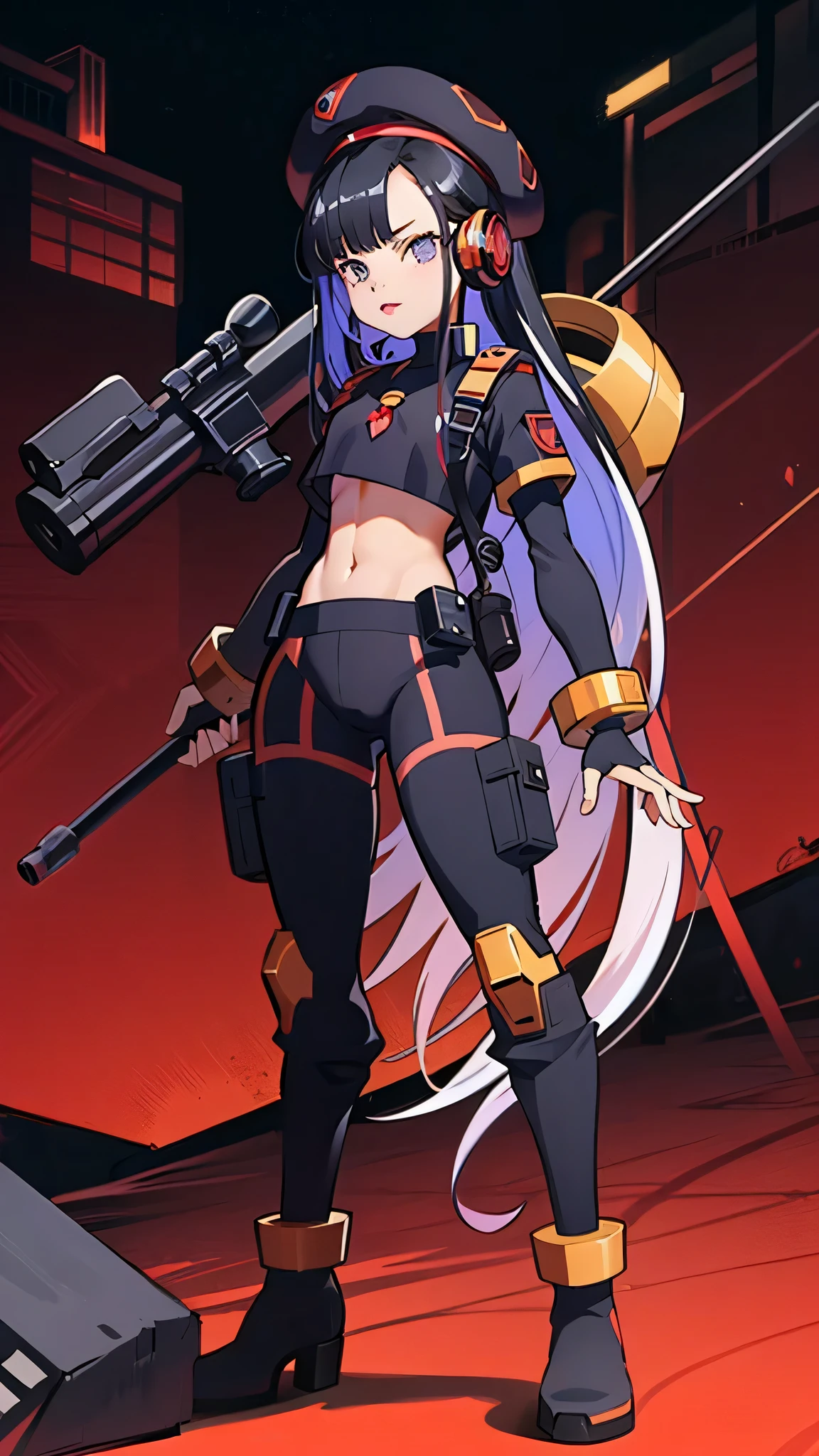 (complete body, best quality, NIKKE style, anime), 1 girl, solo, Eunhwa(NIKKE), red lips, long hair, black military uniform, gloves, beret, long boots, sniper rifle, headphones, military base behind, day, colorful.