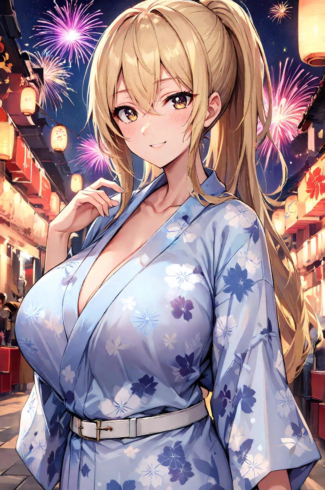 ((One woman)), Beautiful Face,Laughing embarrassedly,((Wink:2.0)),red面する,Glossy pink lips,night,Shrine Festivals,firework, ((Anime style background)),masterpiece, highest quality, so beautiful, up to date, Complex details, (Pink long nails),AI-generated, Complex,High resolution, highest quality, super high quality,3D Images、View the viewers、3D Images,one person,Long Blonde Hair,High Ponytail,blue eyes,Anime woman posing for a photo, [[Fine grain、Colorful eyes、Shining Eyes:1.15]],(Squint your eyes:1.1),a hyperRealistic , hyperRealistic , Realistic , Blonde anime woman with long hair, Smooth anime CG art, A woman in a colorful kimono with gold embroidery, red、Black kimono,Pink floral dress,Long flower hair ornament,Earrings,(Large Breasts:1.2),Mature Body,tall,Big Ass,Fine details,Trained abdominal muscles,(A woman making a heart sign with her hands),Put your hands together