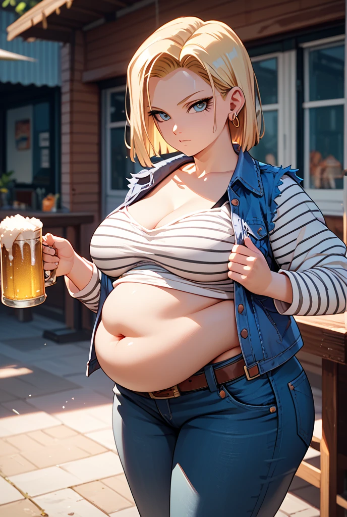 best quality, high-res, and18, 1girl, android 18, solo, blonde hair, blue eyes, belt, tight blue demin skirt, gold necklace, black shirt, short hair, long sleeves, striped sleeves, earrings, open vest, blue denim vest, hyper massive fat breasts, cowboy shot, city park, full length pantyhose, very wide fat hips, very tight clothes, sexy mischievous smile, very deep cleavage, massive wide fat round ass, massive fat belly, sexy very curvy very fat very motherly body, slight blushing, bedroom eyes, from behind, looking back, deep fat navel, curvy obese woman, disproportionately hyper massive fat wide round ass, ass inflation, inflating ass, rapidly growing fat ass, chugging hyper fattening smoothie, blushing, fat face, overflowing clothes,