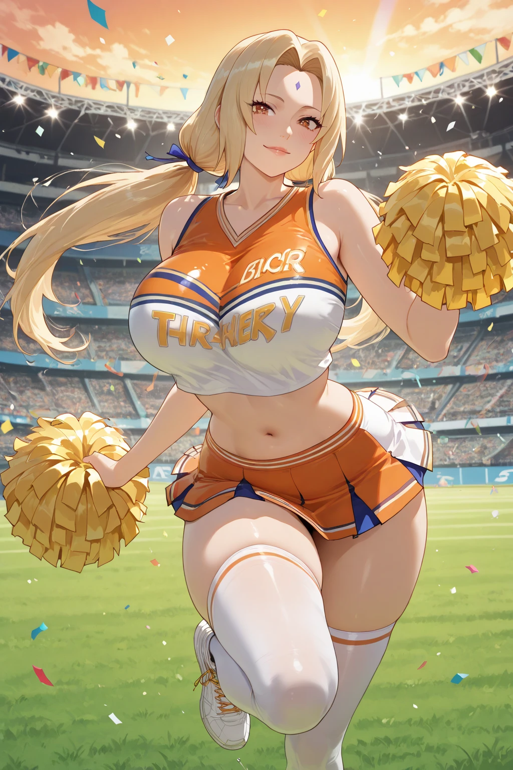 (masterpiece), best quality, expressive eyes, perfect face,(fox girl, Fox ears, fox tail),((light brown hair)),(glowing yellow pupils),(big breasts),cleavage,cheerleader outfit,pompoms,crystal pendant,circlet,earrings,armlets,bracelets,bashful smile,standing,head tilt,sexy pose,stadium,(day:1.1),(clear skies 1:1),summer fun,cheerleader dance