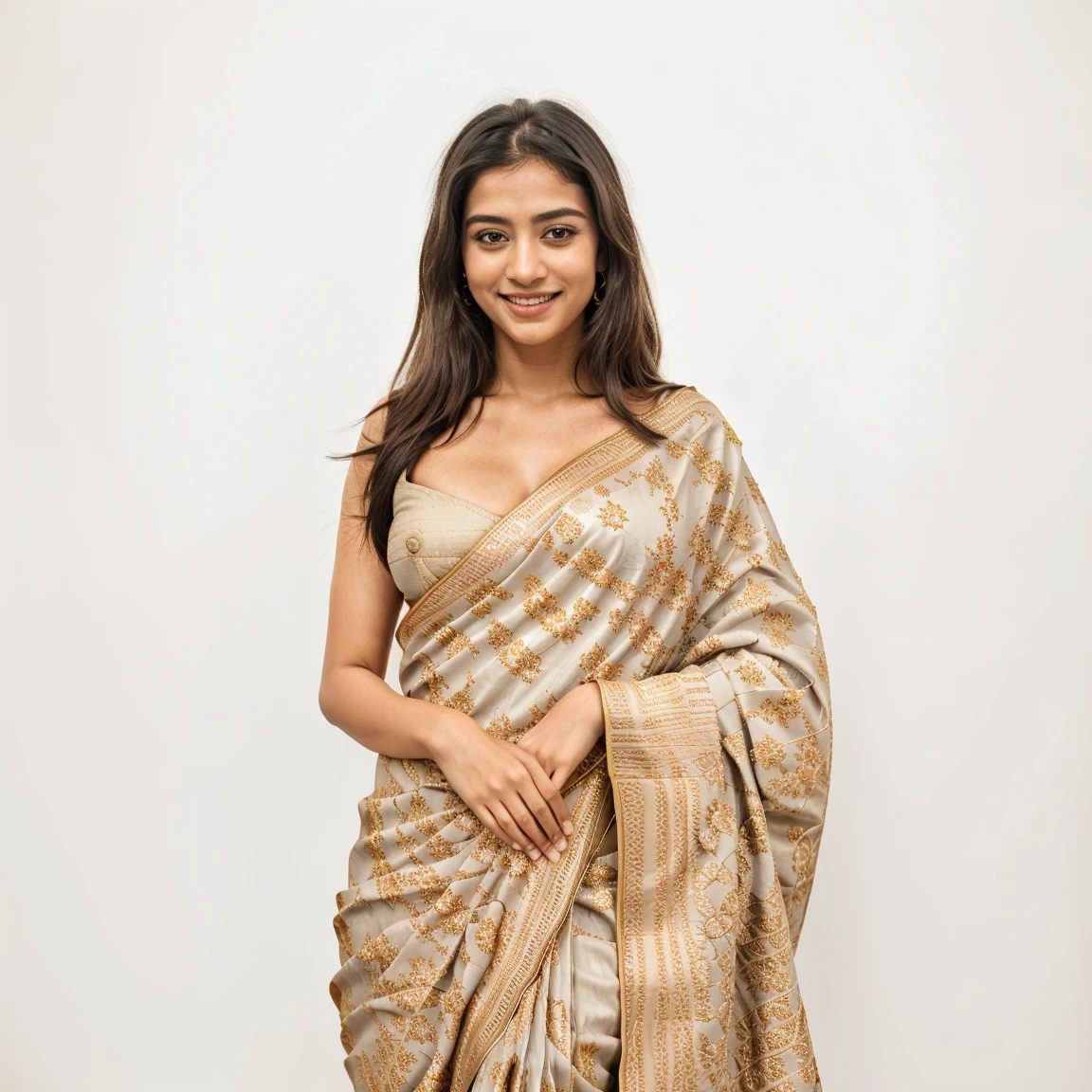 Highres photo of a 30-year-old woman,full body, anuLoraXL_gnd, in (cotton_saree_blouse:1.2)<lora:anuLoraXL_gnd:0.8>,