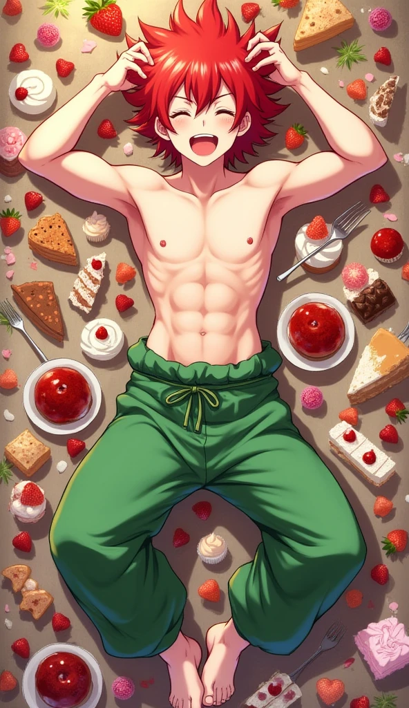 Highres, Masterpiece, Best quality at best,Best Quality,hight quality, hight detailed, 1boy, Shota, Cat ear, Nyotaimori, On table, (Food on his body), (very young boy), Underwear, 12-year-old boys, armpit, hansome, Sweat