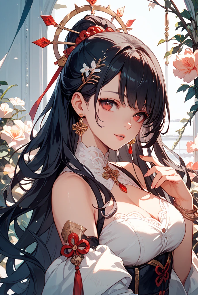 Seven Rhaeyar (Deylta), Ancient Star goddess, Perfect female anatomy (Royalty, Adult Female, 166cm in height, Cool pale skin, slim, slender, 34D breast size, Long Jet Black Hair, Gray Colored Iris , a set of Jet black colored horns on her head), Neutral facial expression, Elegant black uniform dress, female choker accessory with silver complimentary jewelry, dragon motifs, Black rope accessories, Simple Black Background, receiving light from the front, Slightly focusing on her face up close, Ethereal glow, Red Rose petals falling, Japanese inspired