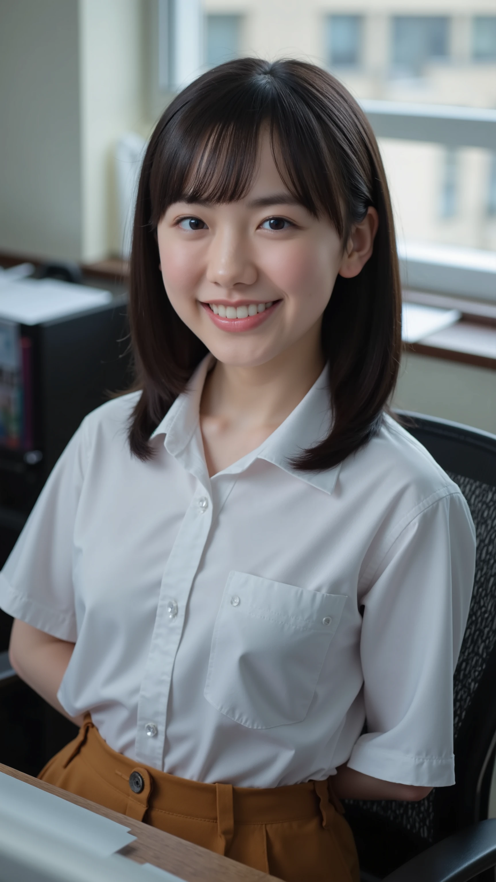 portrait,Bust Shot,office,plump breasts taken obliquely from above,office worker uniform, chest exposure,sitting in an office chair,necklace,place your hands behind your head,Ashita Aina,Her lovely smile is wonderful,(masterpiece,high resolution, Highest Quality,1.2) my hair, medium hair, ( Prompt 1 .2)