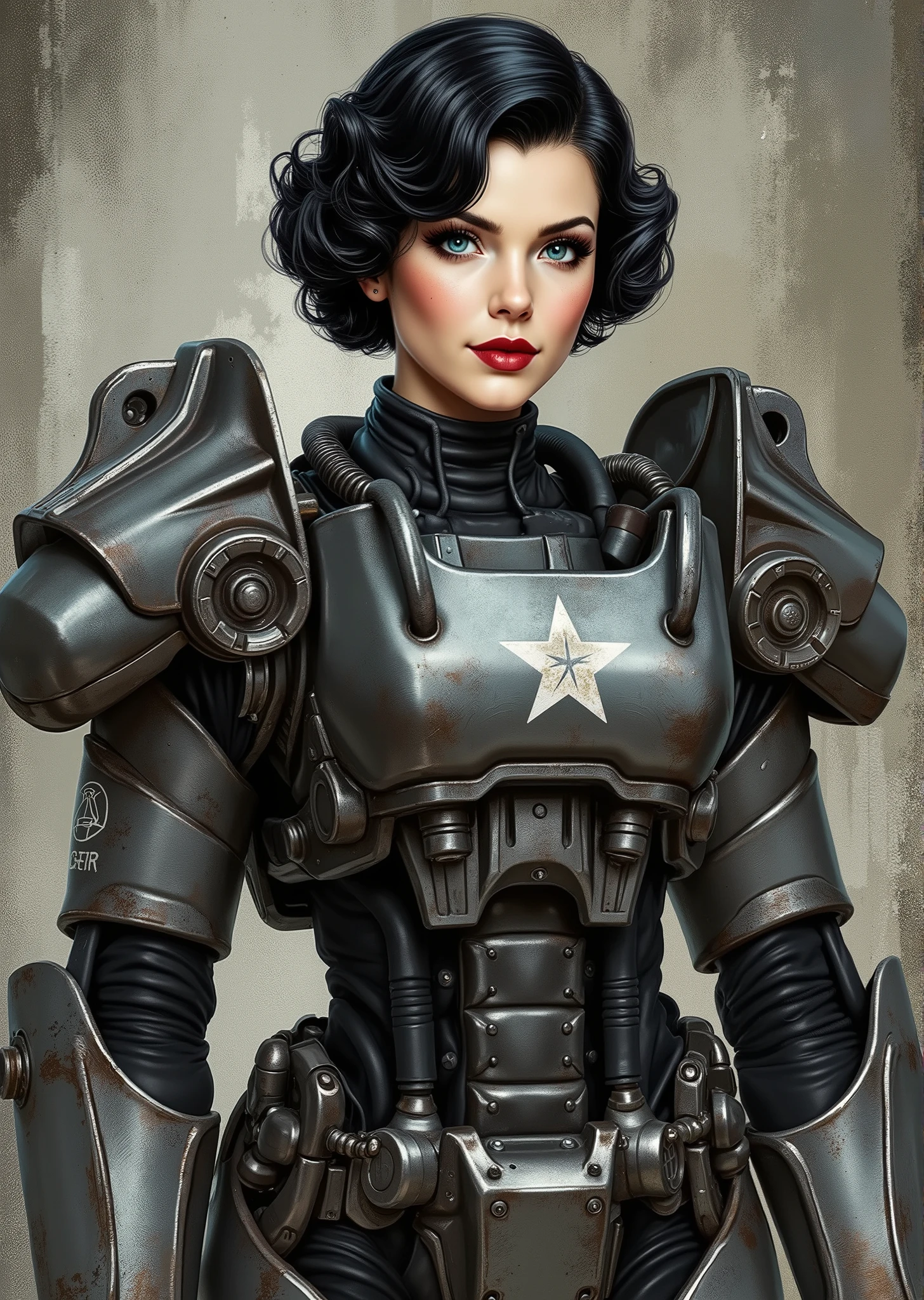 3/4 body shot, armor, t60, robot, An extremely detailed comic book illustration depicting a stunningly beautiful character portrayed by youthful baby faced Gene Tierney nineteen years old wearing a retro 50s T-60 power armor mechanized combat suit from the Fallout Video Game setting the armor features a dark metallic exterior with black interior padding with an emblem on the chest plate showing what appears to be a star in white paint suggesting this might be part of a military or faction insignia the armor has a distinctive design with various mechanical components plates and joints visible the character is framed within the bulky armor which has a worn utilitarian aesthetic typical of post-apocalyptic or military science fiction settings with the helmet off to reveal her face whose overall look combines vintage pin-up with modern Rockabilly fashion and alternative accessories in a 50s meets the post apocalypse vibe wearing bold classic red lipstick caked on white foundation making her appear incredibly pale in a classic vintage-style makeup with defined eyebrows and dramatic eye makeup with a short black curled hairstyle with vintage 1950s-inspired waves and voluminous styling typical of the era whose cut and styling are reminiscent of classic 1950s pin-up glamour meets alternative fashion with tattoos piercings and alternative accessories in an art style inspired by Frank Miller and Conan the Barbarian. She has an expression between kind and confident. Her blue eyes are warm and her smile is motherly and compassionate. The background is awash in brushstrokes in shades of concrete grey. The level of detail and the emotive, expressive quality of the character's face create a compelling almost cinematic portrait of a complex multifaceted individual. The image evokes a sense of strength, compassion, and a desire to protect her people, making the subject a visually striking and captivating heroic figure. Standing in a dynamic action pose. Trending on Art Station.