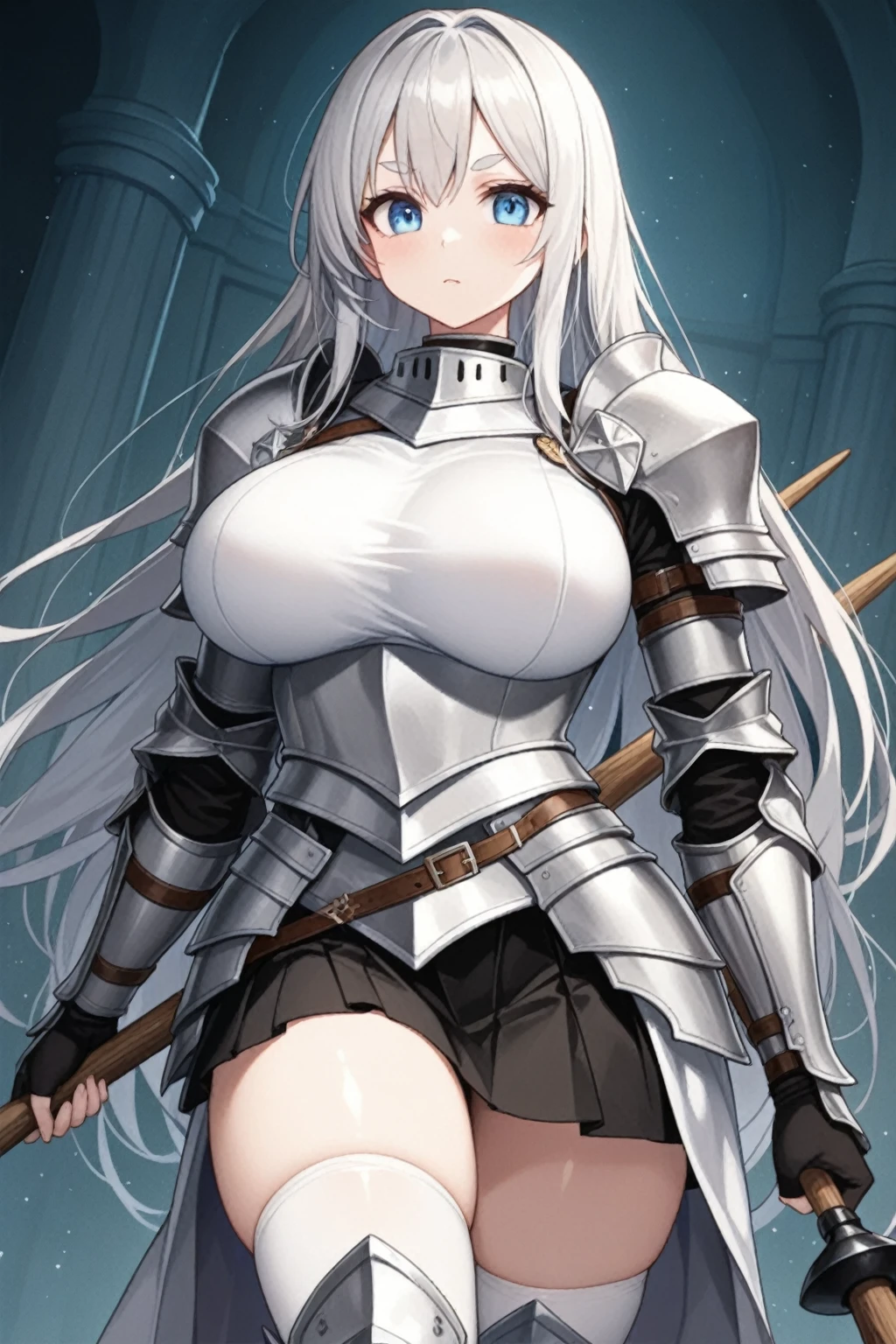 nsfw, masterpiece, extra limbs, 1lady, 25 years old, silver extra long hair, silver pubic hair, slant red eyes, big pointy breasts large areolas, muscle, serious, contrappo stobreast hold, (((clothed armored dress knight)))