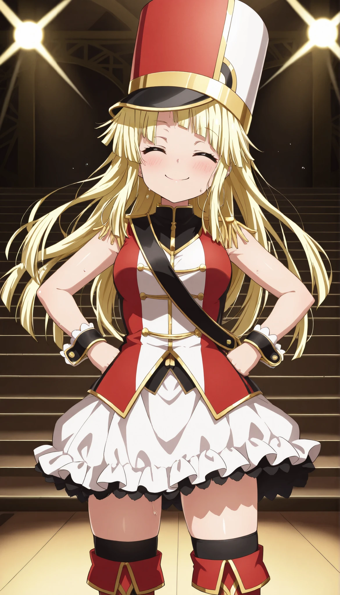 score_9, score_8_up, score_7_up, source_anime, solo, 1girl, absurdres,highres,masterpiece,best quality,amazing quality, ultra detailed anime style, anime coloring, ((disheveled hair, very good hair))), detailed eyes, perfect composition, moist skin, intricate details, very good lighting BREAK, Tsurumaki Kokoro, long hair, blonde hair, rouge lips, kokorohhw, hhw skirt, hhw shako cap, hhw band uniform, hhw wrist cuffs, hhw thigh boots , happy smile ,closed mouth,closed eyes ,standing,hands on hips ,cowboy shot,,audience,outdoor on stage ,sweat