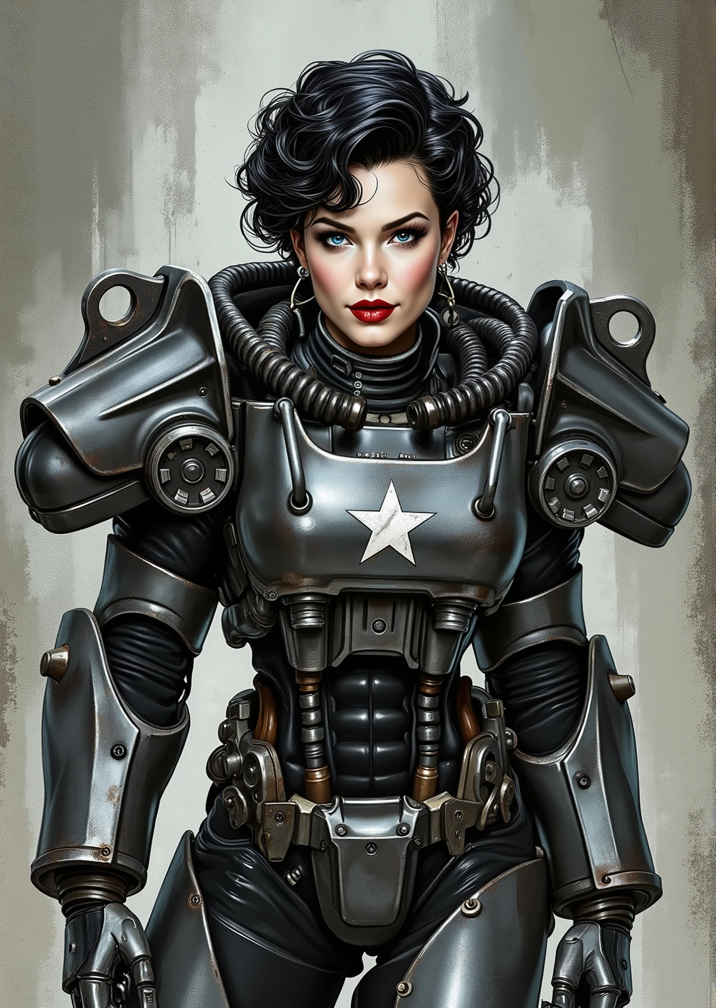 3/4 body shot, armor, t60, robot, An extremely detailed comic book illustration depicting a stunningly beautiful character portrayed by youthful baby faced Gene Tierney nineteen years old wearing a retro 50s T-60 power armor mechanized combat suit from the Fallout Video Game setting the armor features a dark metallic exterior with black interior padding with an emblem on the chest plate showing what appears to be a star in white paint suggesting this might be part of a military or faction insignia the armor has a distinctive design with various mechanical components plates and joints visible the character is framed within the bulky armor which has a worn utilitarian aesthetic typical of post-apocalyptic or military science fiction settings with the helmet off to reveal her face whose overall look combines vintage pin-up with modern Rockabilly fashion and alternative accessories in a 50s meets the post apocalypse vibe wearing bold classic red lipstick caked on white foundation making her appear incredibly pale in a classic vintage-style makeup with defined eyebrows and dramatic eye makeup with a short black curled hairstyle with vintage 1950s-inspired waves and voluminous styling typical of the era whose cut and styling are reminiscent of classic 1950s pin-up glamour meets alternative fashion with tattoos piercings and alternative accessories in an art style inspired by Frank Miller and Conan the Barbarian. She has an expression between kind and confident. Her blue eyes are warm and her smile is motherly and compassionate. The background is awash in brushstrokes in shades of concrete grey. The level of detail and the emotive, expressive quality of the character's face create a compelling almost cinematic portrait of a complex multifaceted individual. The image evokes a sense of strength, compassion, and a desire to protect her people, making the subject a visually striking and captivating heroic figure. Standing in a dynamic action pose. Trending on Art Station.