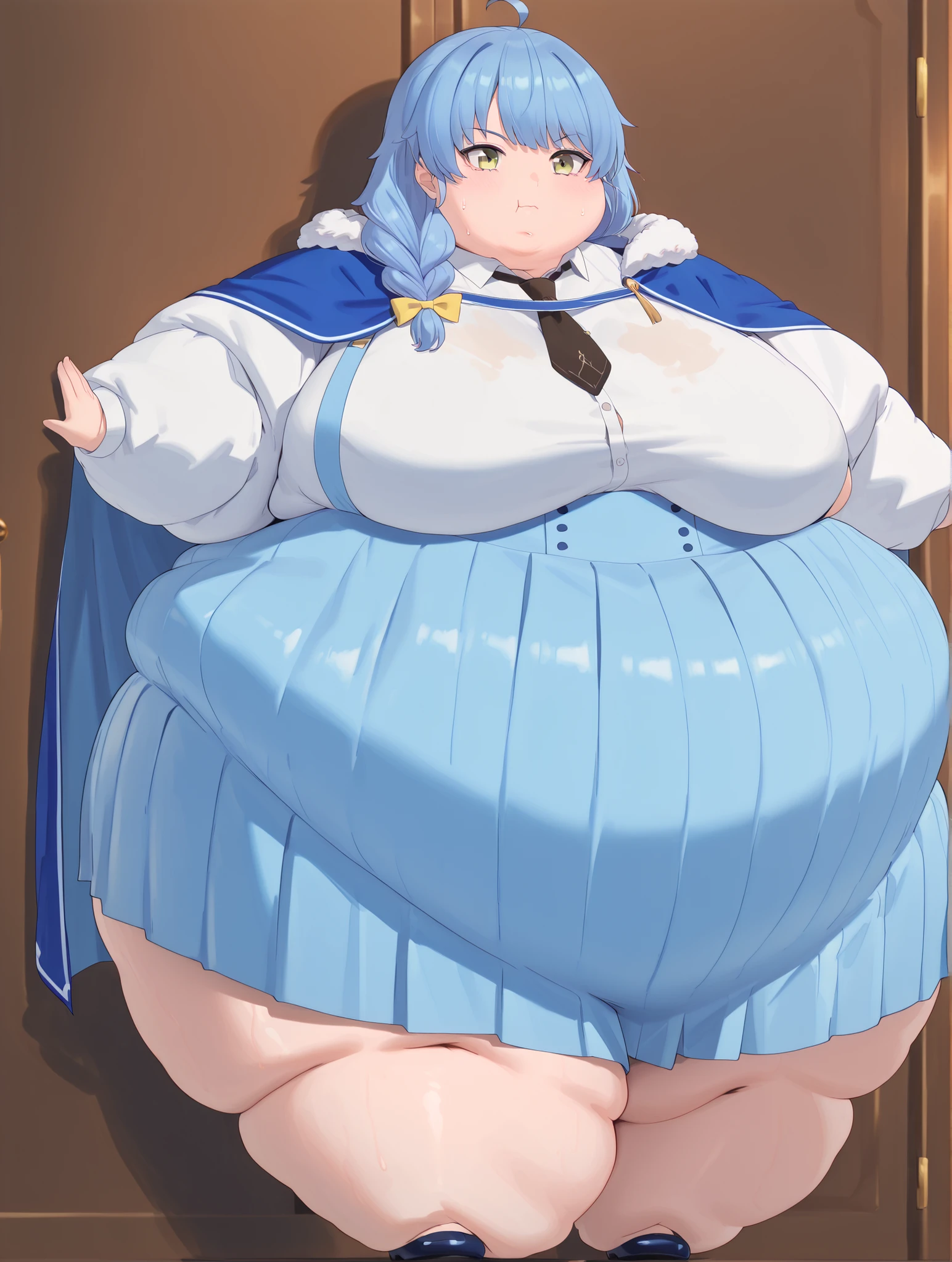 (masterpiece, best quality, highly detailed), 1girls, big belly, huge belly, art by kipteitei, round belly, chubby, curvy, belly grab, enormous belly, fat belly, thicc, bigger belly, really big belly, jiggly belly, shirt covering belly, belly cover by shirt, glasses, ((full body)), long hair