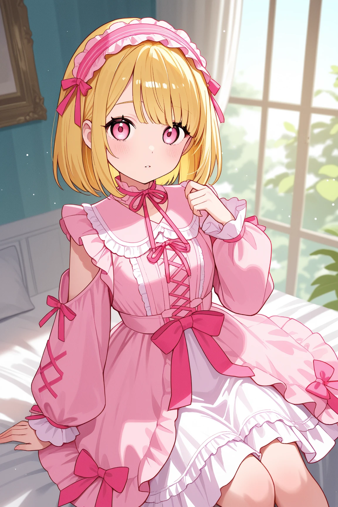masterpiece, best quality, highres, 1girl hair ribbon, pink dress long sleeves bow frills <lora:lysia_plaid:1> lying on back, arms up, bed sheet