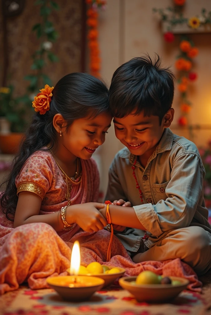 21 year old Indian boy of the year, he is wearing a red dhoti kurta and his sister is tying a rakhi on his brother's hand on whatever Rakshabandhan day and his sister is kept on a red suit and salwar and brought a plate and he also has sweets on the plate and money is also something