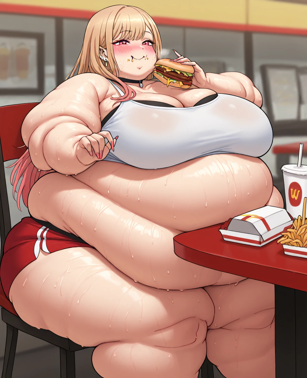 ((highres)), Masterpiece, high quality, best quality, beautiful, perfect lighting, detailed face, ultra cute face, ((2girls)), one girl has blonde hair, blue eyes, crop top and shorts skindentation, one girl has brown hair, green eyes, jeans, white shirt, thighs clothes, full body, fast food restaurant, medium breasts, perky breasts, cleavage, ((wide hips)), ((thick thighs)), thicc, ass, ((chubby)), fat belly, fat folds, fat arms, thick thighs, fat body, sitting at table, (fat belly grab)