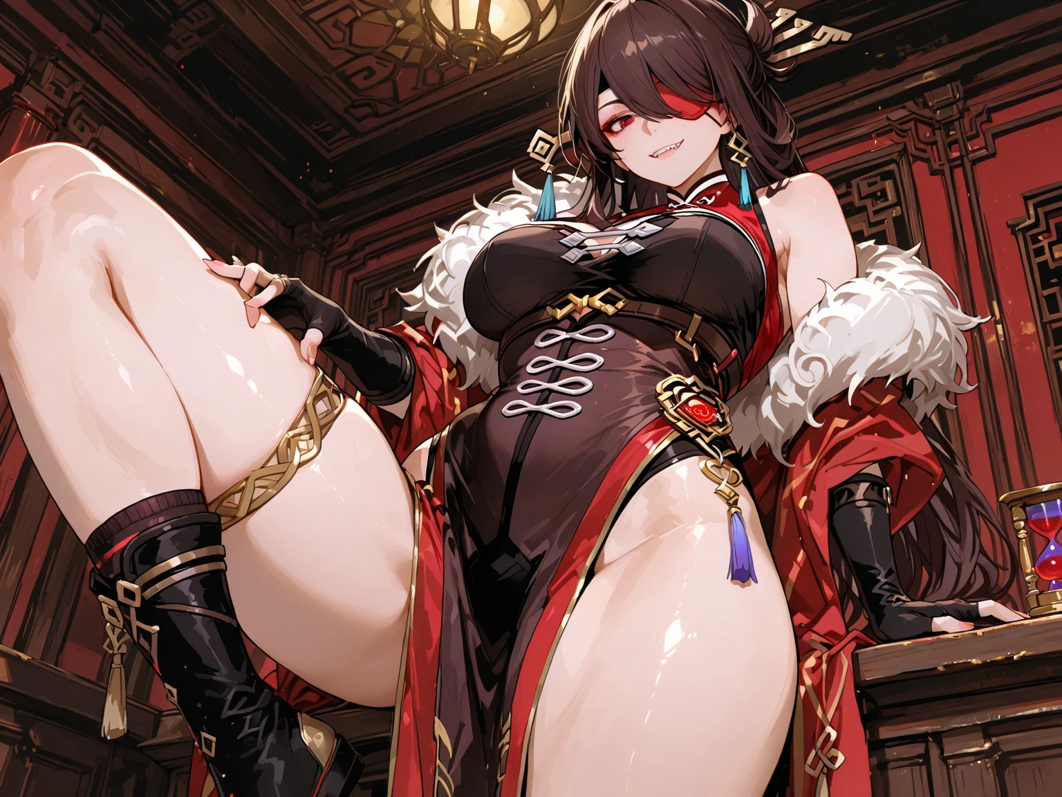 Sam yang style art work, sexy woman with red hair wearing a skin tight shear latex one piece outfit, large breasts, on all fours, leaning forward on forearms looking at the viewer, butt up in the air, space ship setting.