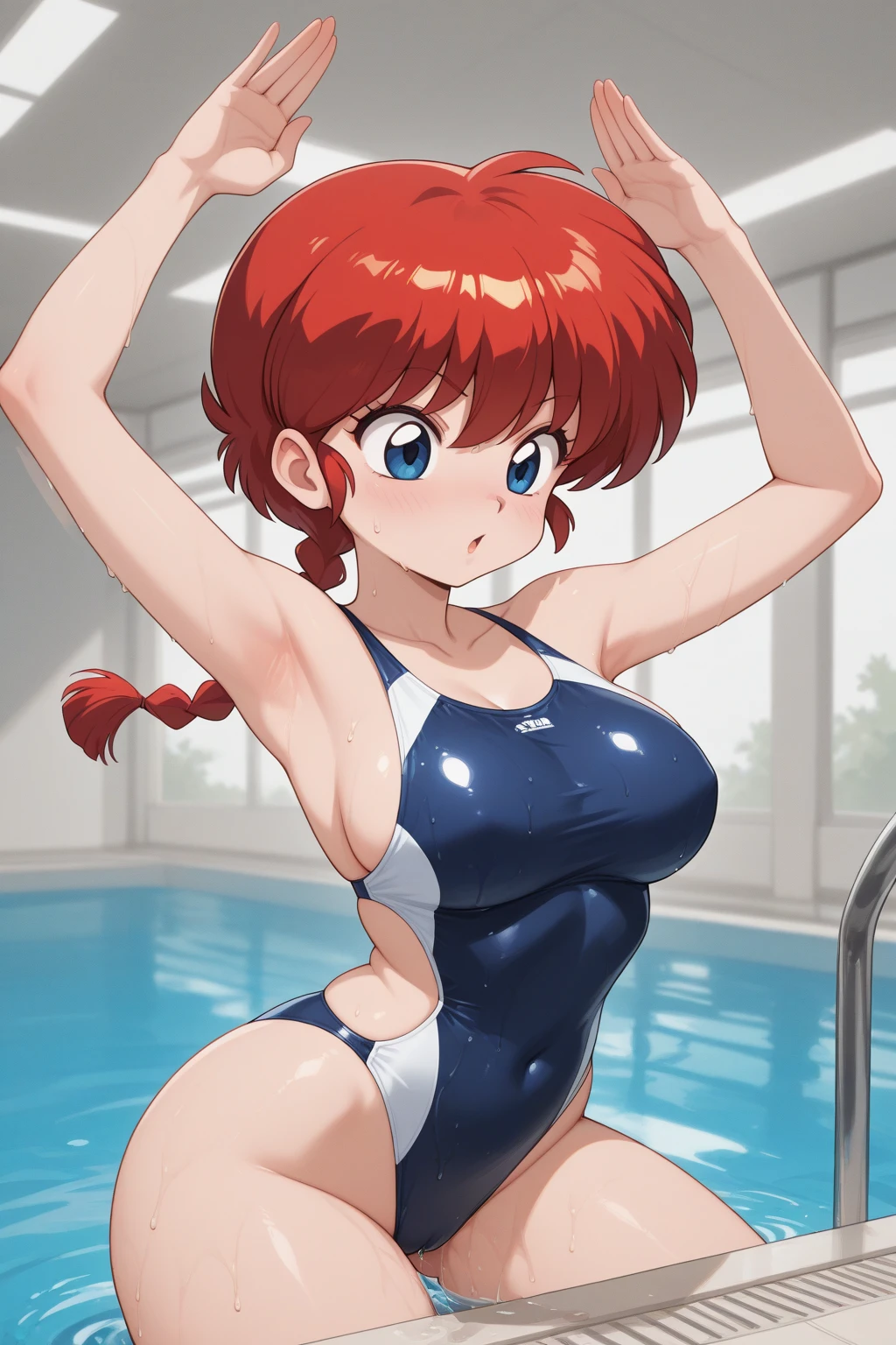 RanmaChan, cabello rojo, Cabello con trenza, ojos azules, ojos detallados, cuerpo completo, lindo, sexyrobutts, 【Costume】 Center Opening Front Zipper Swimsuit/Open, alberca, bathing in the pool, mujer mojada 