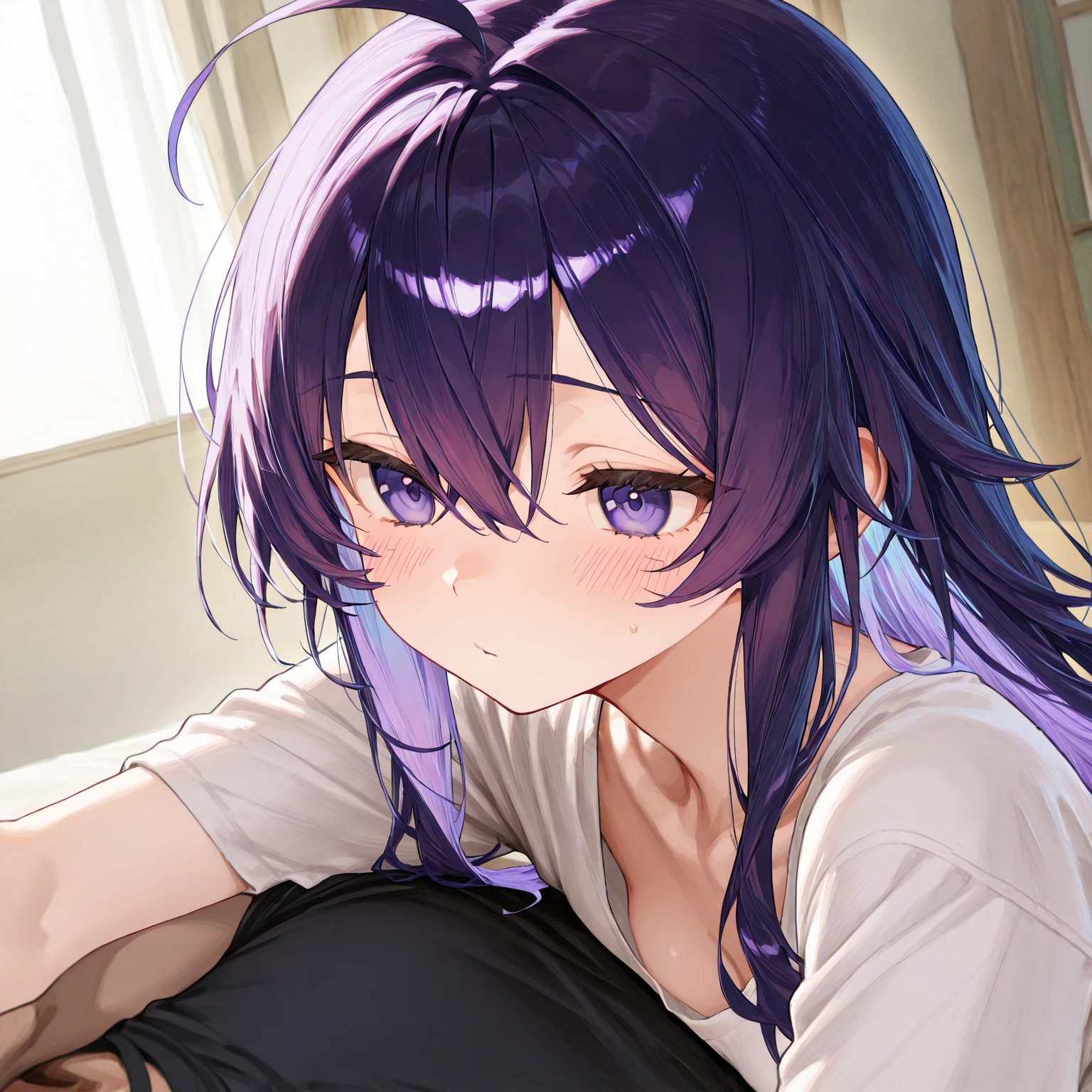Anime girl with gray long hair and purple eyes, wearing pink underwear, laying on bed, european house, perfect face, cute face, ultrasharp, 8k, masterpiece