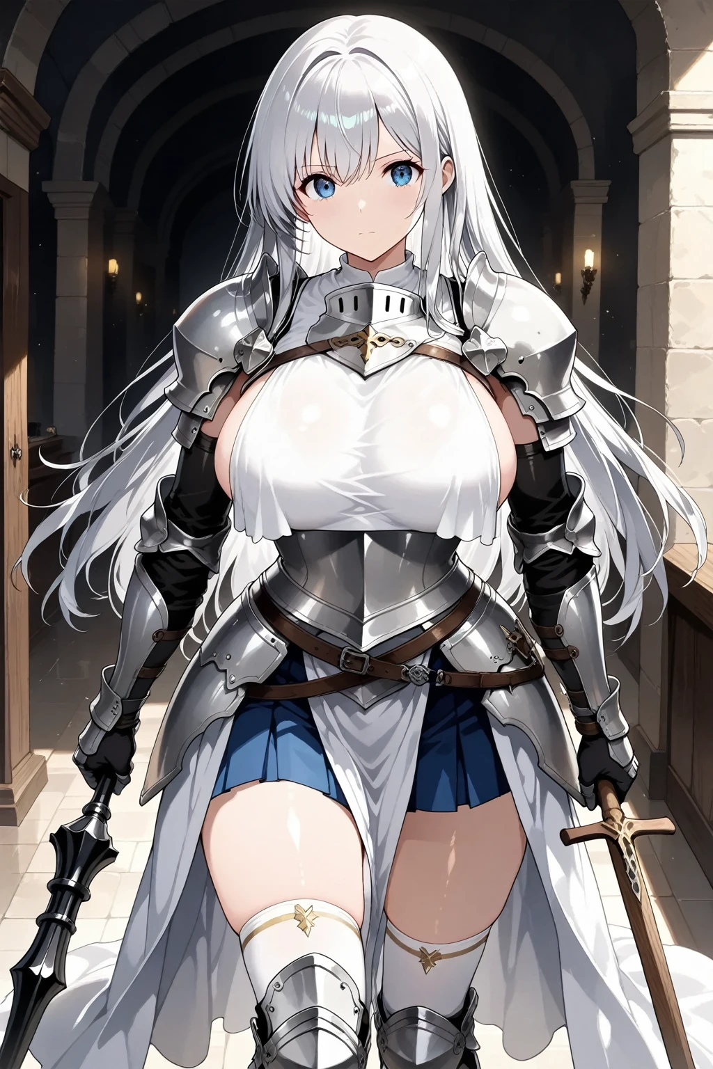 masterpiece, best quality, 1girl, sitting, forest, white hair, long hair, grey eyes, (knight armor:1.1), skirt, thigh highs, big breasts