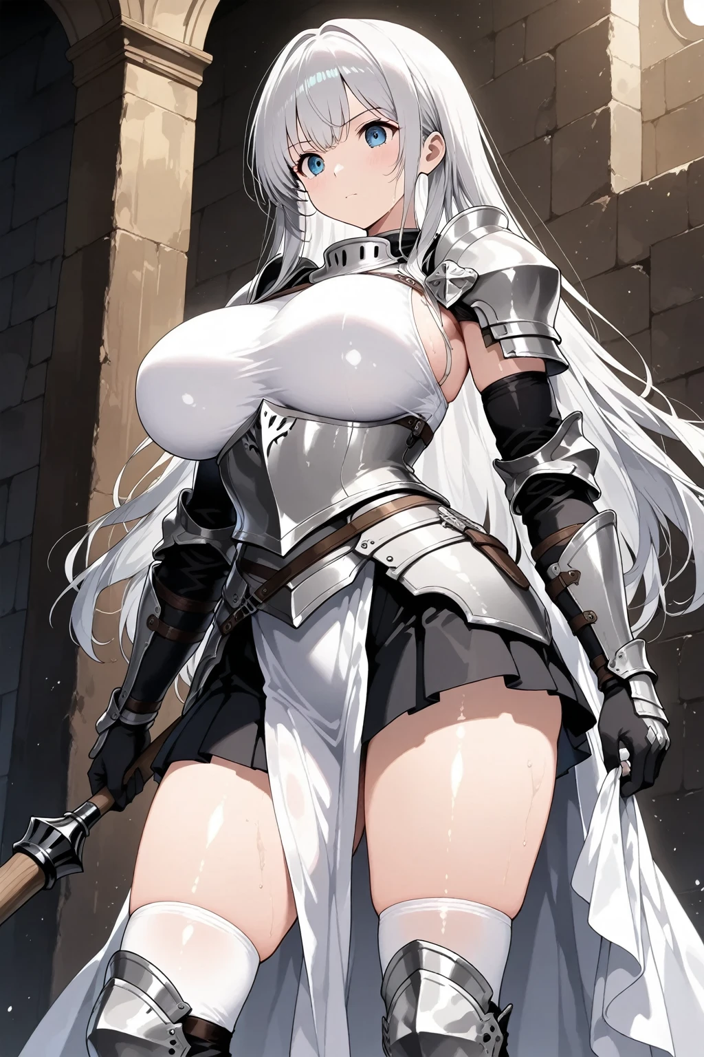 (((SHARP detail perfect face))), (big breasts), (nice hips), detailed skin, ((masterpiece)), best quality, (SHARP details), 4k, (((female gladiator))), (((dark skin))), (cat ears), ((cat tail)), ((platinum hair)), sweat, (slave collar), amber eyes, looking at viewer, long hair, tomboy, (mature woman), ((Woman taller than viewer)), smiling, (holding (sword) in hand), ((armor)), outdoors, (2 swords), leather armor, medium exposure, (huge breasts), (nice hips),