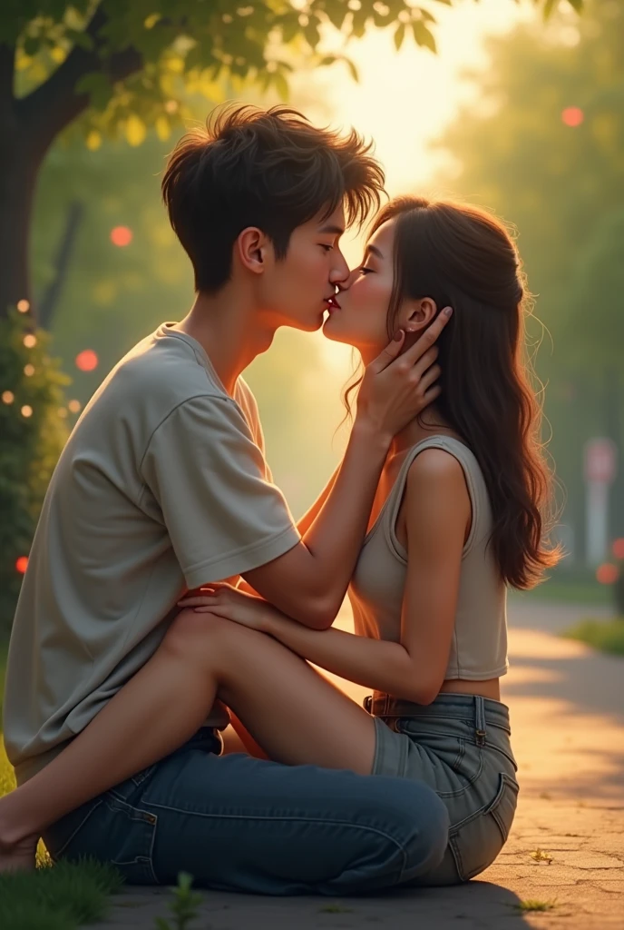 8k, masterpiece, (photorealistic:1.3), artistic portrait of a couple, (2 people:1.5), posing back to back on the grass field in the middle of big city, ((1man:1.3) with thin body wearing t-shirt) and ((1woman:1.3) with medium boobs and slim body in wet shirt), (wide angle shot:1.5), exposed her sagging boobs, they exposed love language, japanese, natural colors, warm and romantic atmosphere, , cool and blue background, lovely ambient, dramatic romantic movie,