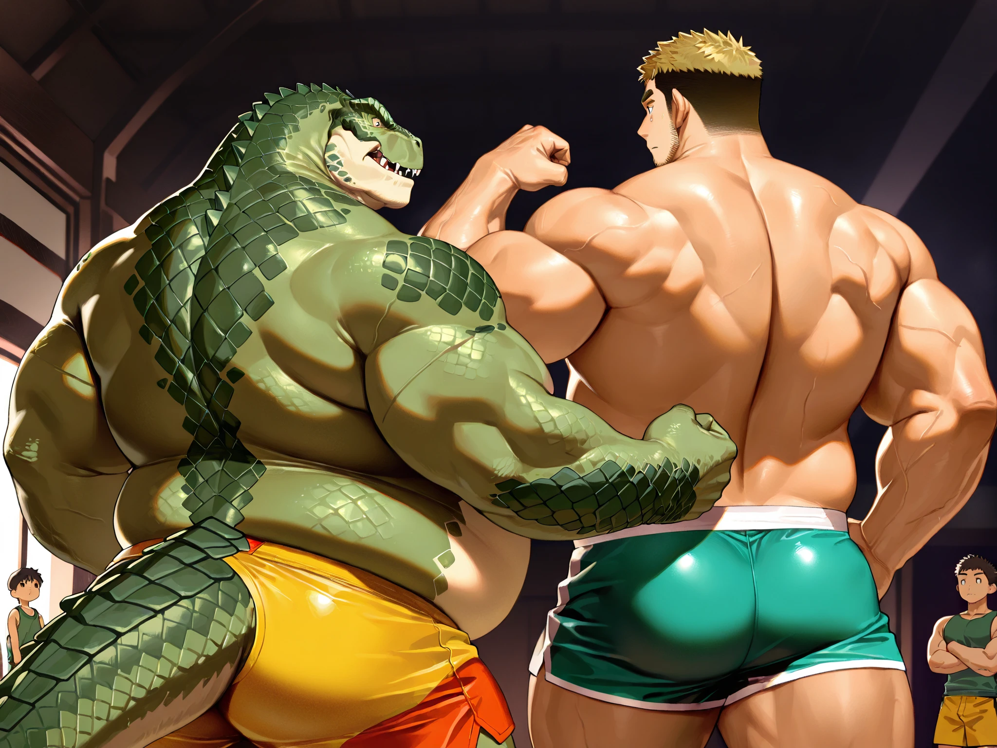 Duo male(Green Gator vs Green Gator, handsomes, Thick eyebrows), gay(Lying down, body on back, cuddling embraced, fighting each other, rubbing pecs, Body frottage, face to face, on a UFC match), hot(Shirtless), handsomes(They are handsomes, correct ???????), musculosos(Big muscle bodies, Six packs, muscle abs, big pecs, muscle backs, muscle legs, some bruises), sweaty(very sweaty wet bodies, shiny sweat), tatuajes(they have tattoos), Angry(Both have an grumpy expression, growling, steaming breath), UFC gloves(They both are wearing red UFC gloves), UFC boxers(They both are wearing boxers), Hight resolution, by(Zourik:1.1)