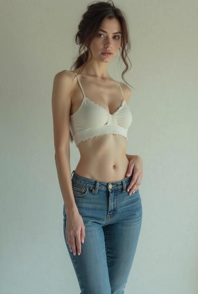 (8K, Masterpiece, RAW photo, Best quality, detail:1.2), (ultra realistic:1.4, scenary, 8K), 1girl, Beautiful and elegant Russian girl, (Very slim and slender body:1.3), (low rise tight skinny jeans:1.3), ultra skinny girl with glasses, (European face:1.2), (tight mini top:1.3), (delicate fabric mini top:1.2), (full body standing pose:1.2),