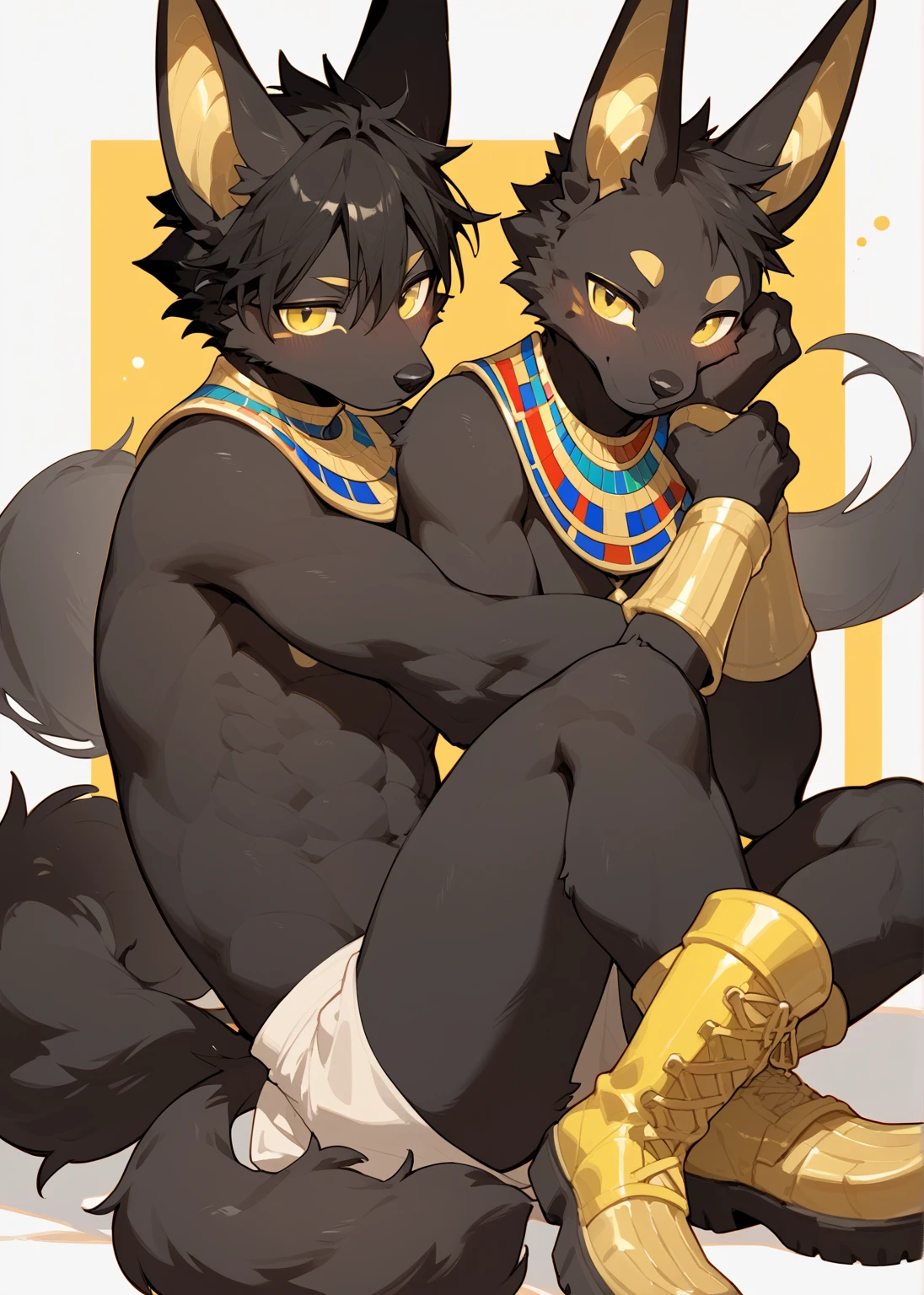 kemoshota boys, identical twins, naked shota, dynamic angle, Anubis boys, short height, short statue, Egypt adorns, masterpiece, fluffy fur, lovers, navel, looking at viewer, close-up