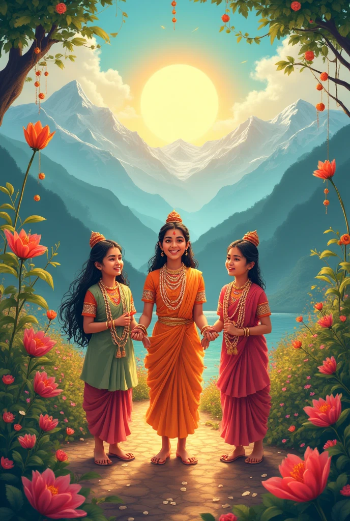 /imagine prompt: A 6-year-old Indian girl named Sakhi standing beside Radha and Krishna, dressed in traditional colorful attire with floral garlands, Radha adorned in elegant saree and Krishna playing the flute, a serene riverbank scene in the background with lush green trees, glowing sunset lighting the sky with shades of orange and pink, the scene exuding peace, divine love, and innocence, Artwork, oil painting on canvas, --ar 16:9 --v 5