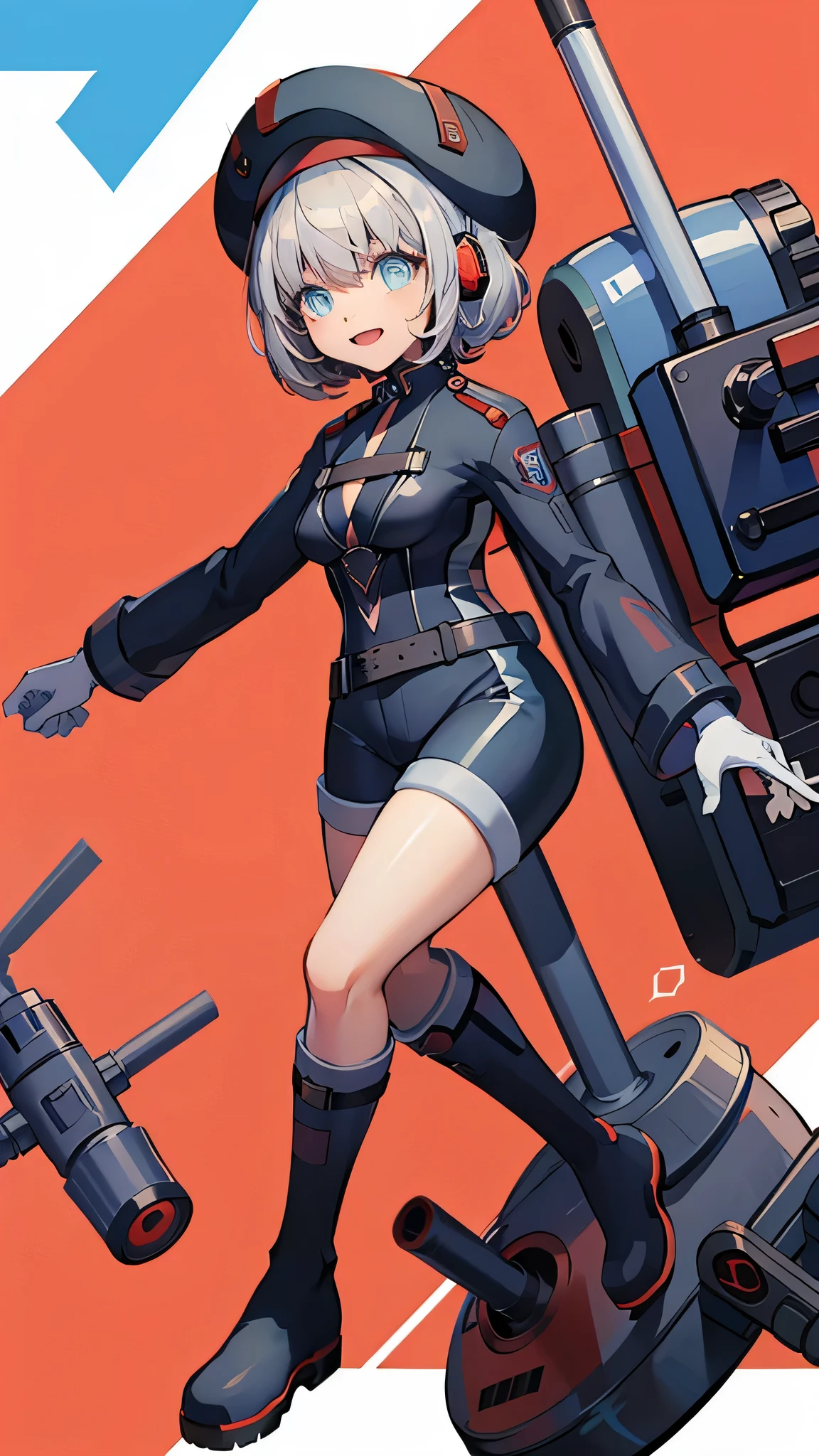 (complete body, best quality, NIKKE style, anime), 1 girl, solo, Vesti(NIKKE), nervous, happy, blue eyes, white hair, black military uniform, shorts, gloves, beret, boots, missile launcher, headphones, military base behind, day, colorful.