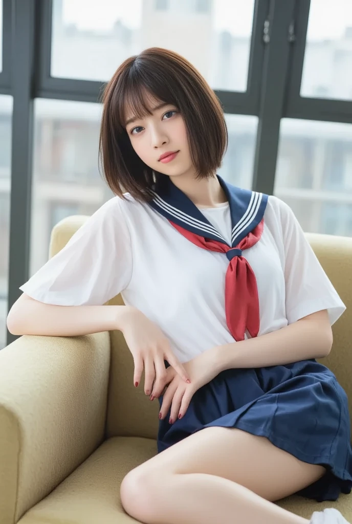 high school girl, , ((Sailor suit:1.3)), ((Red ribbon)), Black pleated skirt, mini skirt, Brown leather shoes, ((Black knee-high socks)), height: 158cm, 16 years old, Realistic, Browsing Caution, ((Crack:1.1)), ((Spreading pussy:1.1)), On the stairs in the park, ((Glowing Skin:1.3)), cute, cute, Japanese, 最high quality, shape, Very detailed, In detail, High resolution, 8k wallpaper, Perfect dynamic composition, Beautiful details, Big Breasts, Random sexy poses, whole body, Like a real human being, smile, gravure, 1 female, Black Hair, Long Hair, 15 years old, (Big Breasts:1.3), 最high quality, 8k, high quality, High resolution, (Thick lips), ((Looking at the audience)), double eyelid, Beautiful woman, whole body, Dutch Angle, Fashionable necklaces, Short Bob Hair, (pubic hair:1.3), ((Spread your legs:1.3))