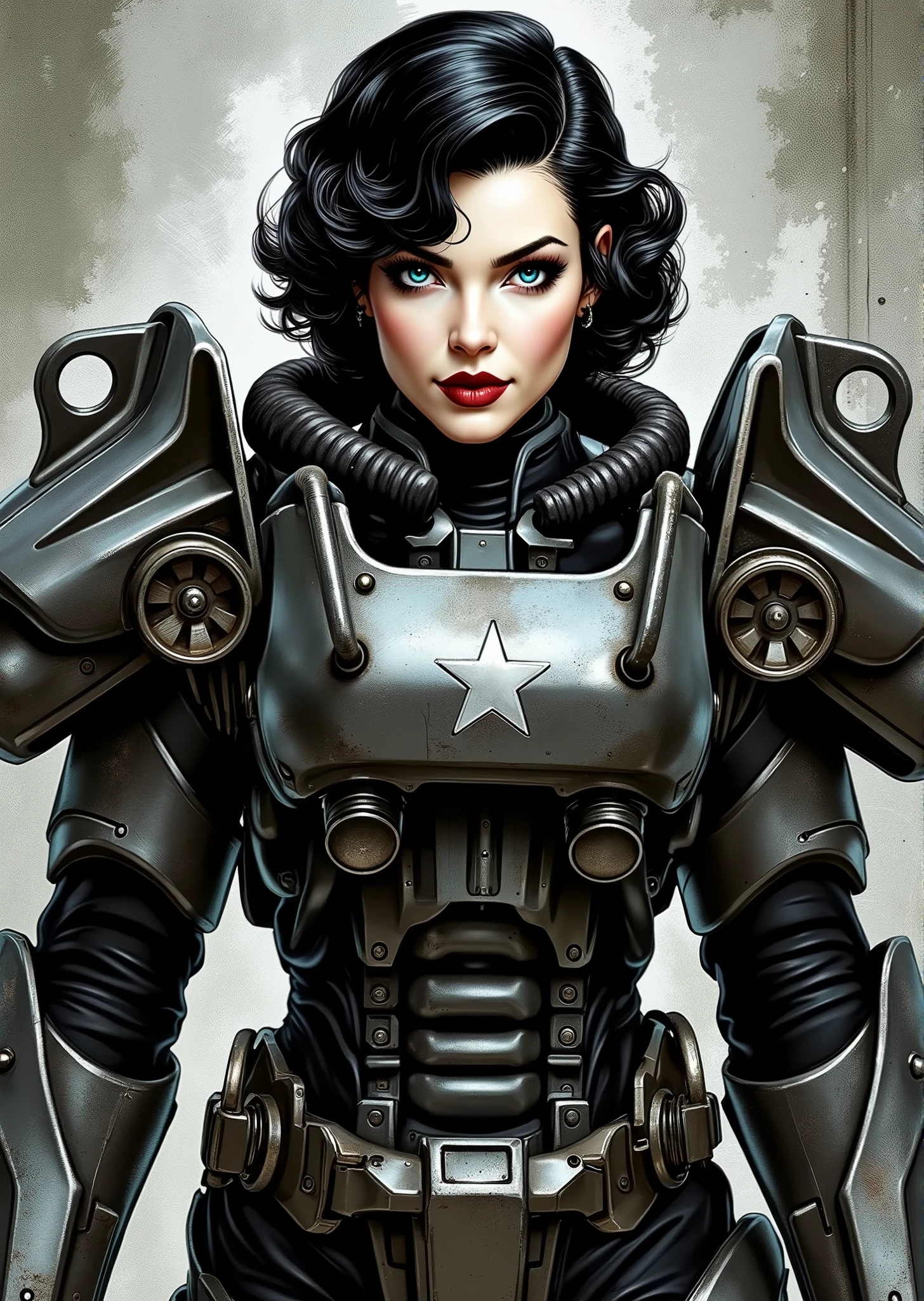 3/4 body shot, armor, t60, robot, An extremely detailed comic book illustration depicting a stunningly beautiful character portrayed by youthful baby faced Gene Tierney nineteen years old wearing a retro 50s T-60 power armor mechanized combat suit from the Fallout Video Game setting the armor features a dark metallic exterior with black interior padding with an emblem on the chest plate showing what appears to be a star in white paint suggesting this might be part of a military or faction insignia the armor has a distinctive design with various mechanical components plates and joints visible the character is framed within the bulky armor which has a worn utilitarian aesthetic typical of post-apocalyptic or military science fiction settings with the helmet off to reveal her face whose overall look combines vintage pin-up with modern Rockabilly fashion and alternative accessories in a 50s meets the post apocalypse vibe wearing bold classic red lipstick caked on white foundation making her appear incredibly pale in a classic vintage-style makeup with defined eyebrows and dramatic eye makeup with a short black curled hairstyle with vintage 1950s-inspired waves and voluminous styling typical of the era whose cut and styling are reminiscent of classic 1950s pin-up glamour meets alternative fashion with tattoos piercings and alternative accessories in an art style inspired by Frank Miller and Conan the Barbarian. She has an expression between kind and confident. Her blue eyes are warm and her smile is motherly and compassionate. The background is awash in brushstrokes in shades of concrete grey. The level of detail and the emotive, expressive quality of the character's face create a compelling almost cinematic portrait of a complex multifaceted individual. The image evokes a sense of strength, compassion, and a desire to protect her people, making the subject a visually striking and captivating heroic figure. Standing in a dynamic action pose. Trending on Art Station.
