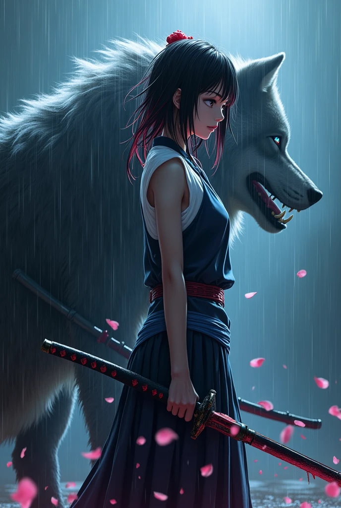 Black hair, short hair, bangs, white kimono, kimono with rips, red katana with black flames, large breasts, curvy woman, thin waist, thick legs, medieval red boot, ruins of a castle, brown colored eyes, earrings in the shape of a sword, indifferent look, mature woman, flames in black color coming out of the katana, walking, giant white wolf with red eyes.