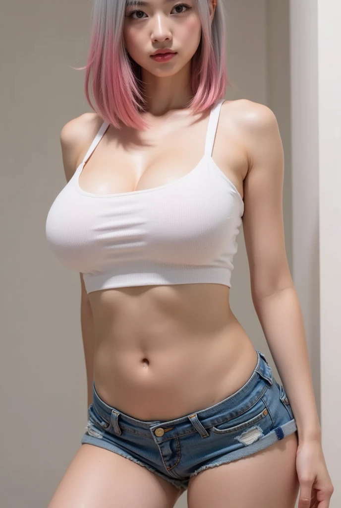 One girl, masterpiece, 最high quality, high quality, Olga_Marie, pink_hair, brown_eye,Big Breasts_Chest Handsome Short_ hair, eyeの間の毛,choker, nude, Denim shorts,
