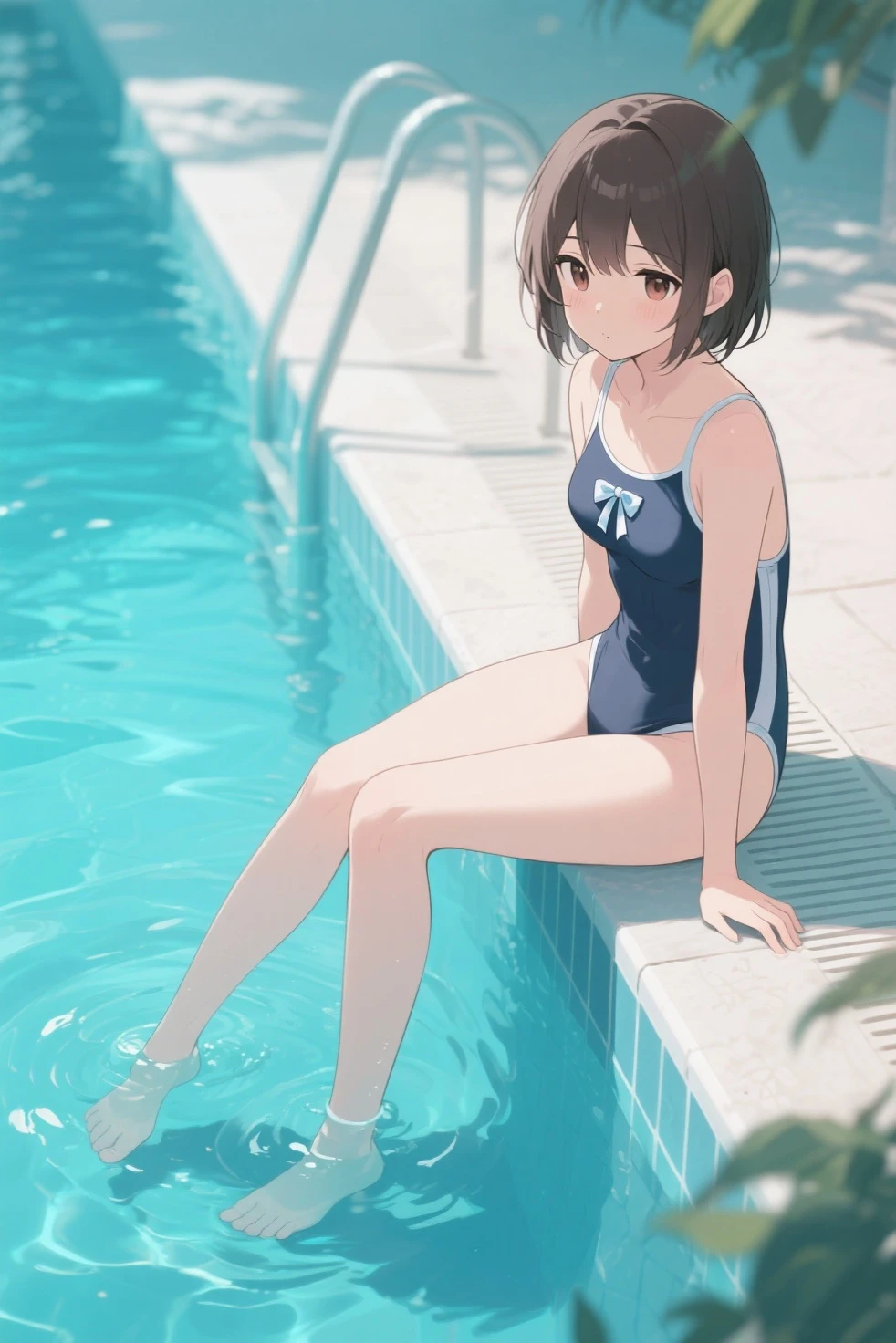 ultra-Top-quality by art God, ultra-detailed, high resolution, shinkai makoto style, anime moe artstyle, best anime 8k konachan wallpaper, pixiv contest winner, perfect anatomy, break,(Please draw a picture of a girl in a swimsuit sitting on a bench by the poolside alone.),break, a hyperrealistic school girl, parted lips, (Solo,lolita, kid, 13-year-old:1.3),Full limbs, complete fingers, androgynous charm, very short hair, wet hair, small breasts,slender body, Small butt, groin, Small black eyes,hanme,beautiful detailed eyes, well-proportioned iris and pupils, sleepily, highres detailed hair, swimsuit, wet swimsuit, bare shoulders, thighs, in the school pool. break,dewy skin, perspiration on the skin,skin texture, fine lines, pores, natural imperfections,light reflections, glossy skin, shiny skin,break,super detailed skin, shiny skin, Best lighting powered by famous artist, 8k, illustration,UHD, textured skin,break,((artist:toosaka_asagi )), artist:clamp ,artist:carnelian ,artist:kantoku ,