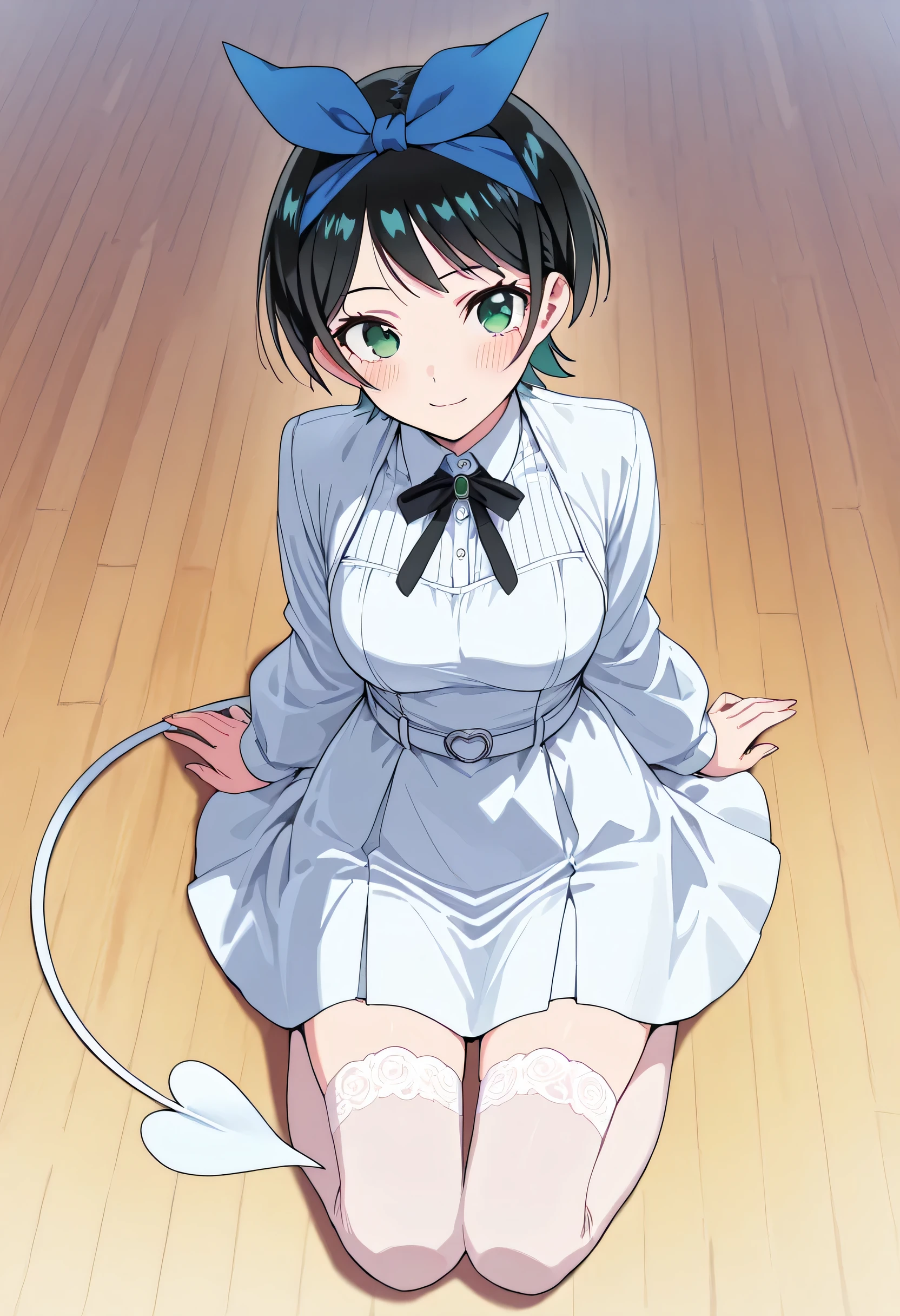 score_9, score_8_up, score_7_up, source_anime, 1girl, (Ruka Sarashina, short hair, bangs, black hair, ribbon, green eyes, hair ribbon, headband, blue headband), ahoge, best quality, masterpiece, ultra-detailed, high quality, highres, pretty woman, beautiful, beautiful and perfect face, light smile, beautiful long tail dress, looking at viewer, cute white heells, transparent white high stockings, blush, solo, full body