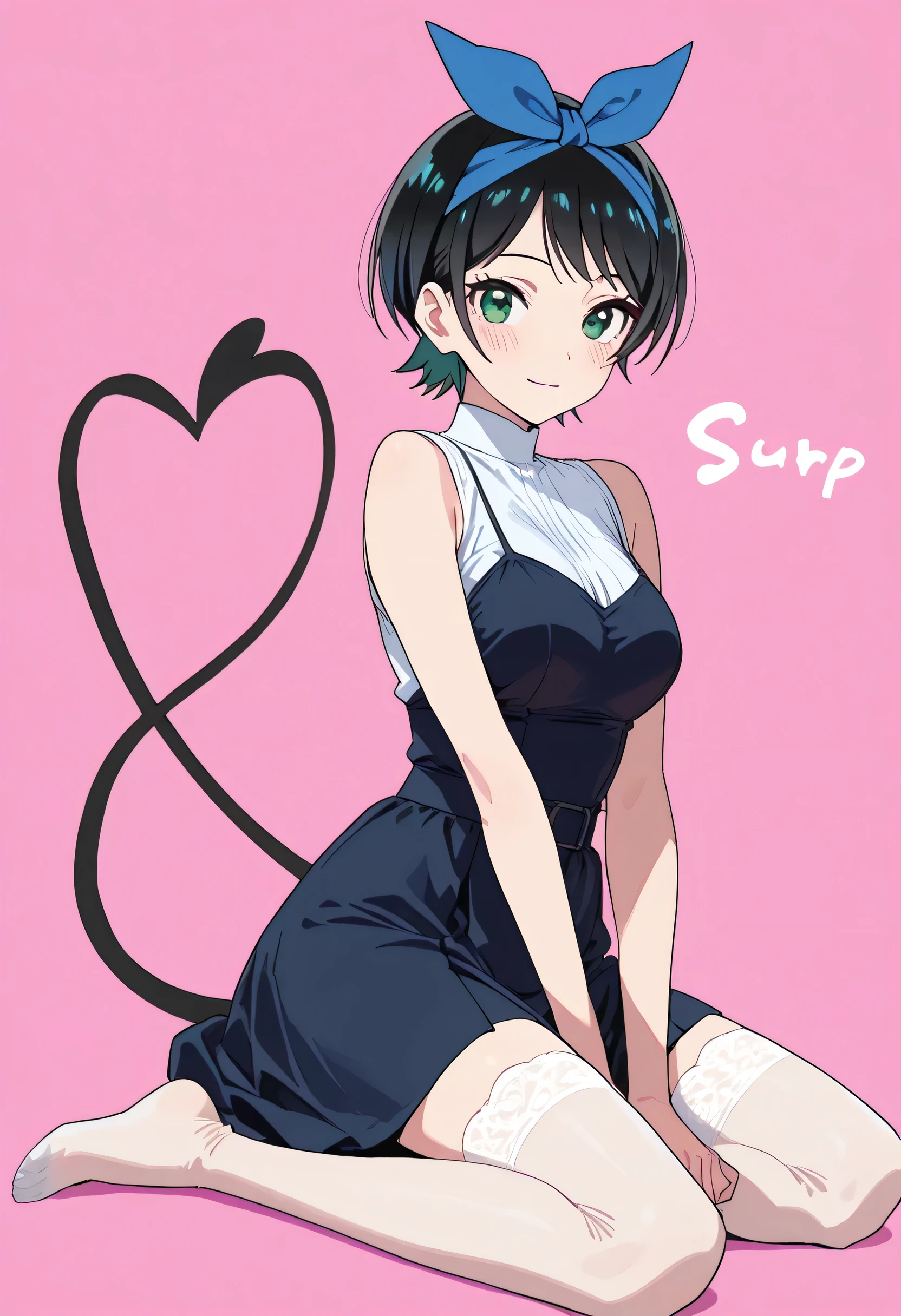 score_9, score_8_up, score_7_up, source_anime, 1girl, (Ruka Sarashina, short hair, bangs, black hair, ribbon, green eyes, hair ribbon, headband, blue headband), ahoge, best quality, masterpiece, ultra-detailed, high quality, highres, pretty woman, beautiful, beautiful and perfect face, light smile, beautiful long tail dress, looking at viewer, cute white heells, transparent white high stockings, blush, solo, full body