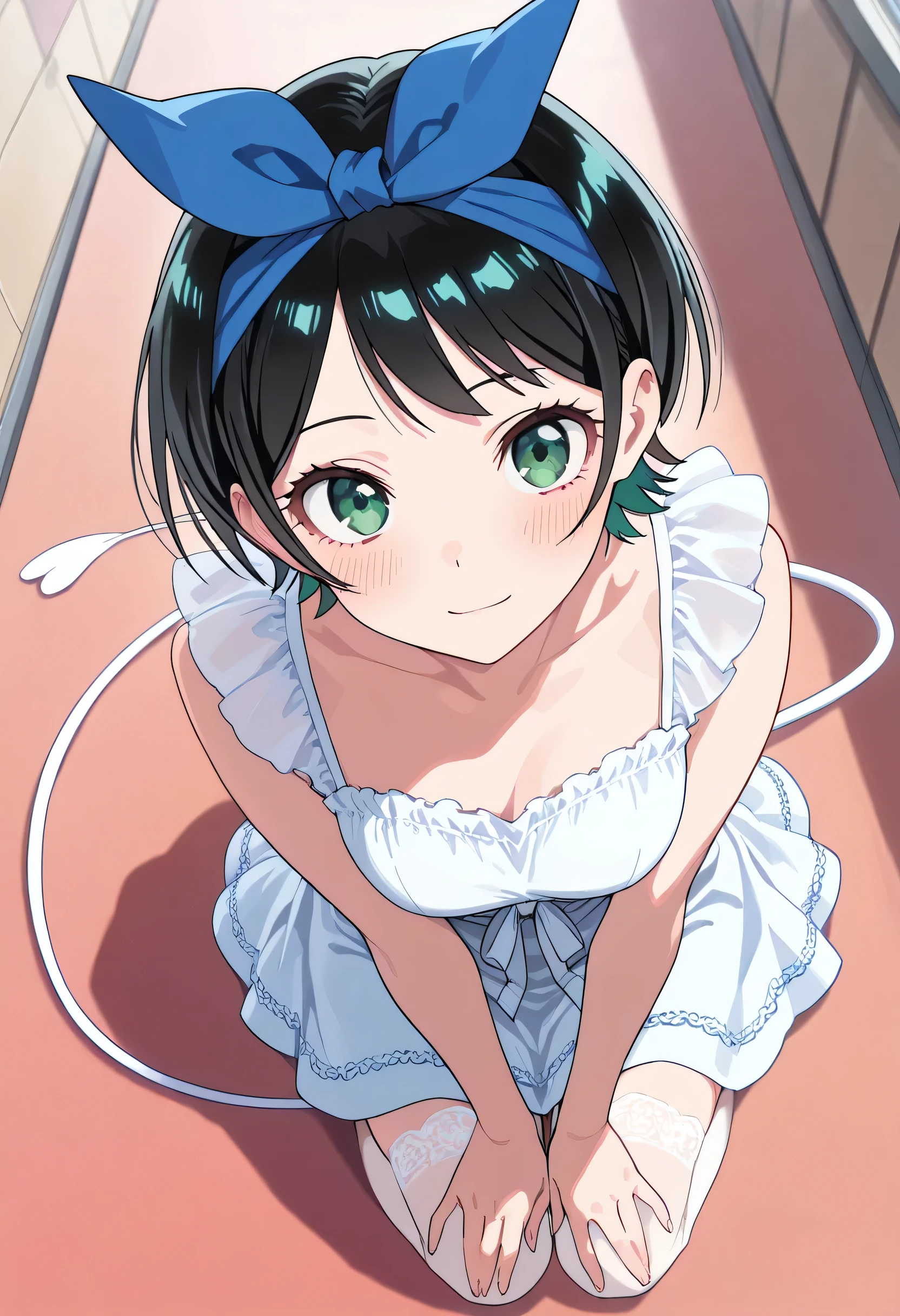 score_9, score_8_up, score_7_up, source_anime, 1girl, (Ruka Sarashina, short hair, bangs, black hair, ribbon, green eyes, hair ribbon, headband, blue headband), ahoge, best quality, masterpiece, ultra-detailed, high quality, highres, pretty woman, beautiful, beautiful and perfect face, light smile, beautiful long tail dress, looking at viewer, cute white heells, transparent white high stockings, blush, solo, full body