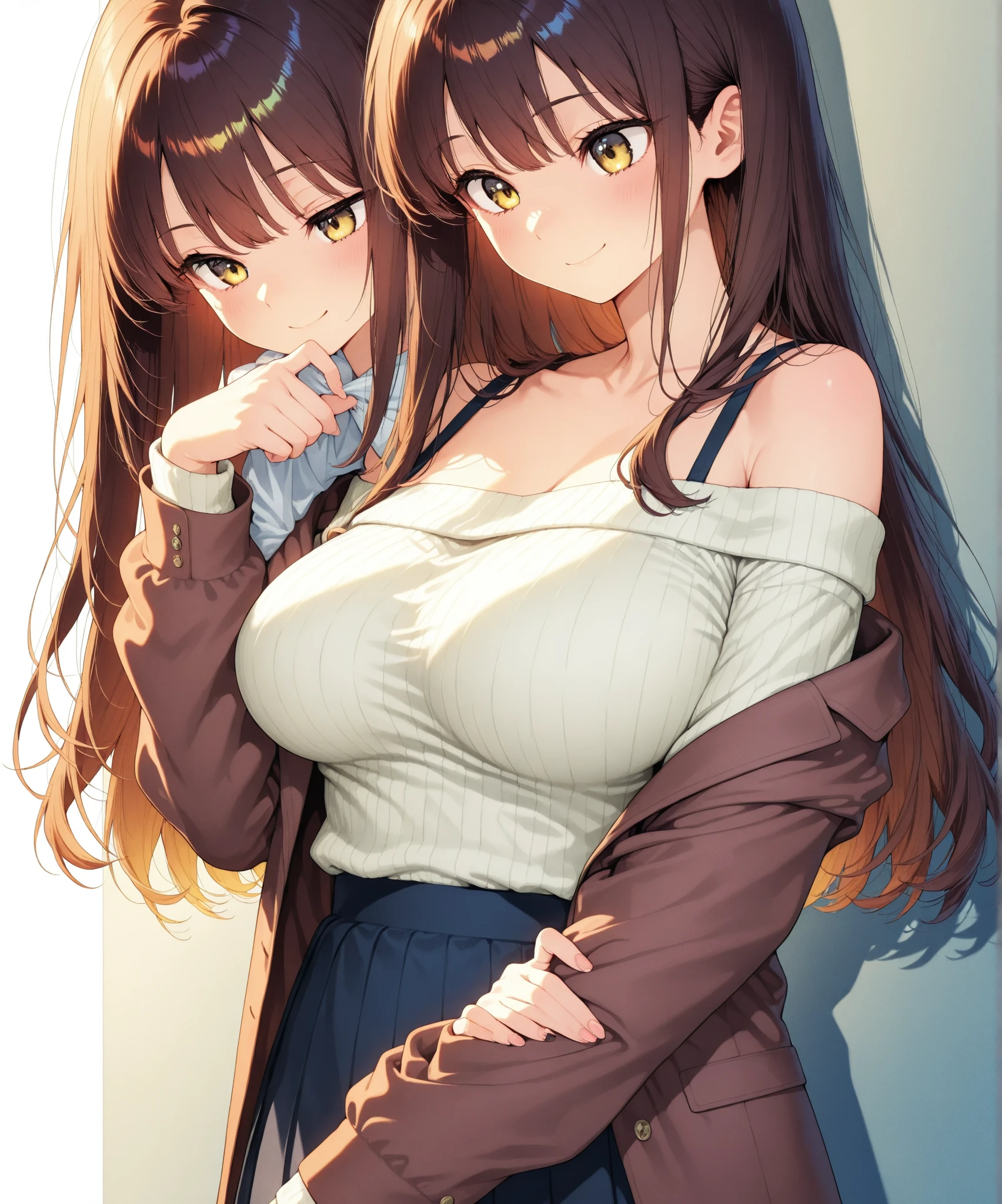 (highest quality:1.4)、Ultra-high resolution、Detailed Background、masterpiece、Photorealistic、Anatomically correct、Detailed face、(Beautiful face in every detail:1.3)、cute、brown hair or cute hair color、Braided Ponytail、(Huge breasts:1.3)、Realistic、Perfect body line、charm、
T-shirt and jeans、Absolute area、Accentuate your breasts、Accentuate your cleavage、Cowboy Shot、
(Two female friends looking at each other with happy expressions:1.5)、
Facing each other in the office、Big smile、sexual expression、A playful atmosphere、It&#39;s a very fun atmosphere.、cute gesture、