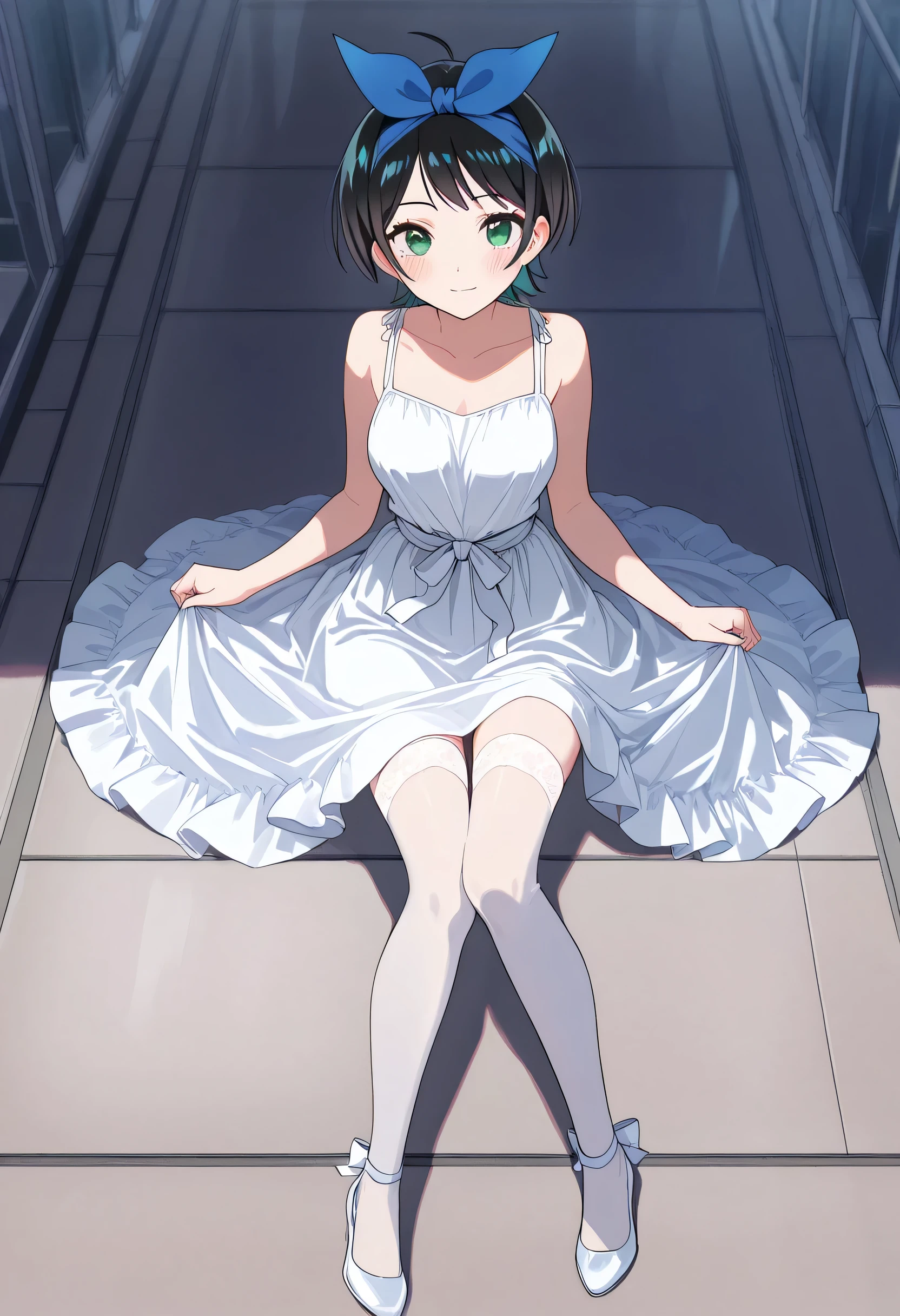 score_9, score_8_up, score_7_up, source_anime, 1girl, (Ruka Sarashina, short hair, bangs, black hair, ribbon, green eyes, hair ribbon, headband, blue headband), ahoge, best quality, masterpiece, ultra-detailed, high quality, highres, pretty woman, beautiful, beautiful and perfect face, light smile, beautiful long dress, looking at viewer, cute white heells, transparent white high stockings, blush, solo, full body