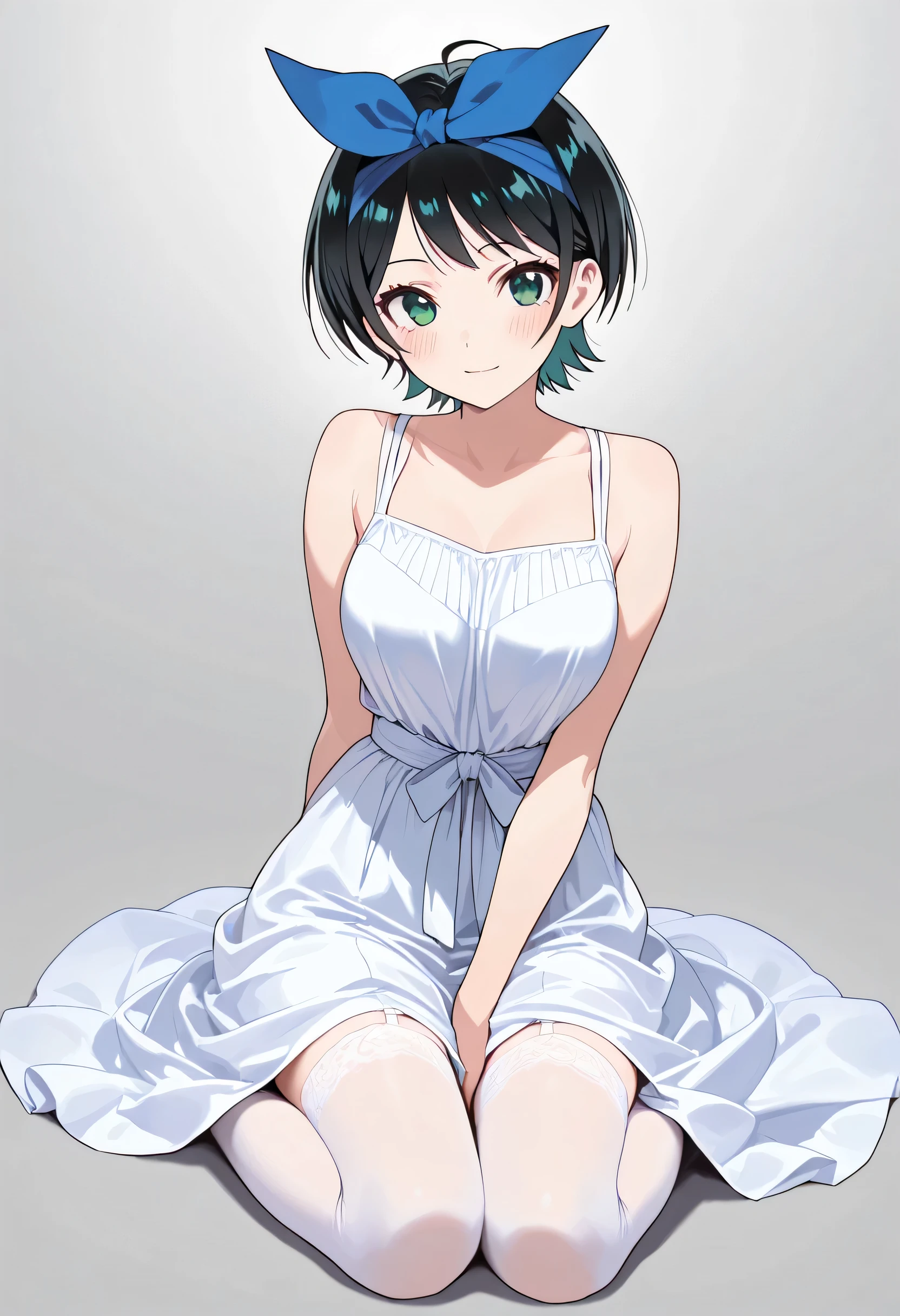 score_9, score_8_up, score_7_up, source_anime, 1girl, (Ruka Sarashina, short hair, bangs, black hair, ribbon, green eyes, hair ribbon, headband, blue headband), ahoge, best quality, masterpiece, ultra-detailed, high quality, highres, pretty woman, beautiful, beautiful and perfect face, light smile, beautiful long dress, looking at viewer, cute white heells, transparent white high stockings, blush, solo, full body