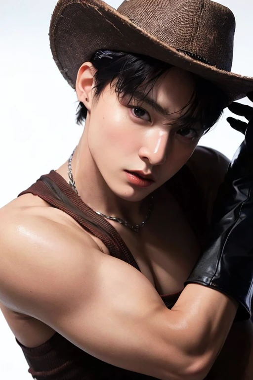 there is a man in a cowboy hat and leather pants, cai xukun, tpose, tarot card of a shirtless cowboy, xqc, shirtless, sakimichan, masculine pose, jimin, south korean male, 2d, 2 d, handsome anime pose, open v chest clothes, park jimin, handsome stunning realistic, shirtless :: high detail, black cowboy