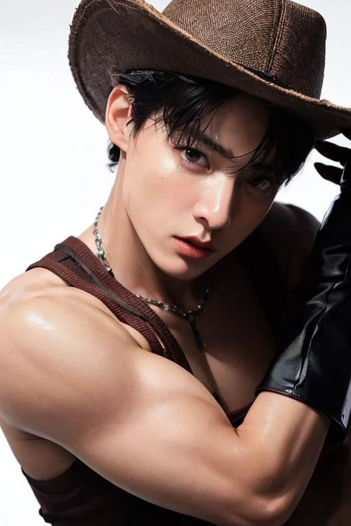 there is a man in a cowboy hat and leather pants, cai xukun, tpose, tarot card of a shirtless cowboy, xqc, shirtless, sakimichan, masculine pose, jimin, south korean male, 2d, 2 d, handsome anime pose, open v chest clothes, park jimin, handsome stunning realistic, shirtless :: high detail, black cowboy