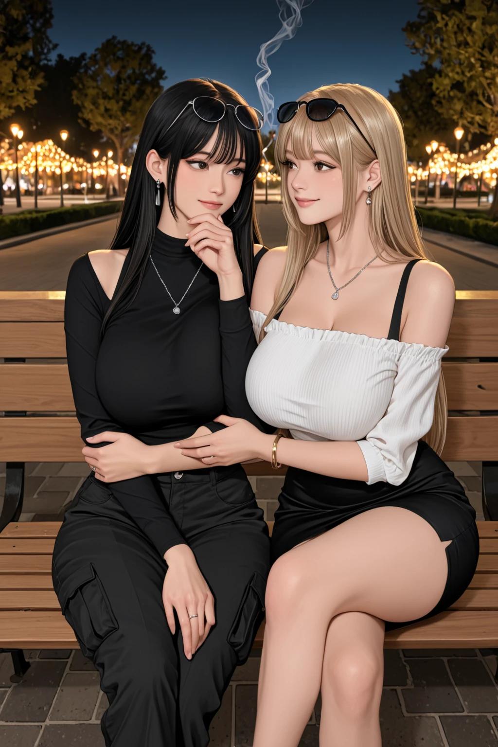 (masterpiece:1.2, Highest quality), (Realistic photos), Beautiful illustrations, (Natural side lighting, Cinema lighting),(2 people:1.2), Japanese, 20-year-old female, Perfect Face, Symmetrical cute face, Glowing Skin,Black straight long hair、Blonde Short Hair、Dark blue eyes, (Huge breasts:1.2), Cleavage、Earrings、necklace、bracelet、Slender build、Beautiful Hair, Beautiful Face, Fine and beautiful eyes, Beautiful body, Beautiful breasts,Mini Dress、smile、Blushing、whole body、sit side by side、bench、garden