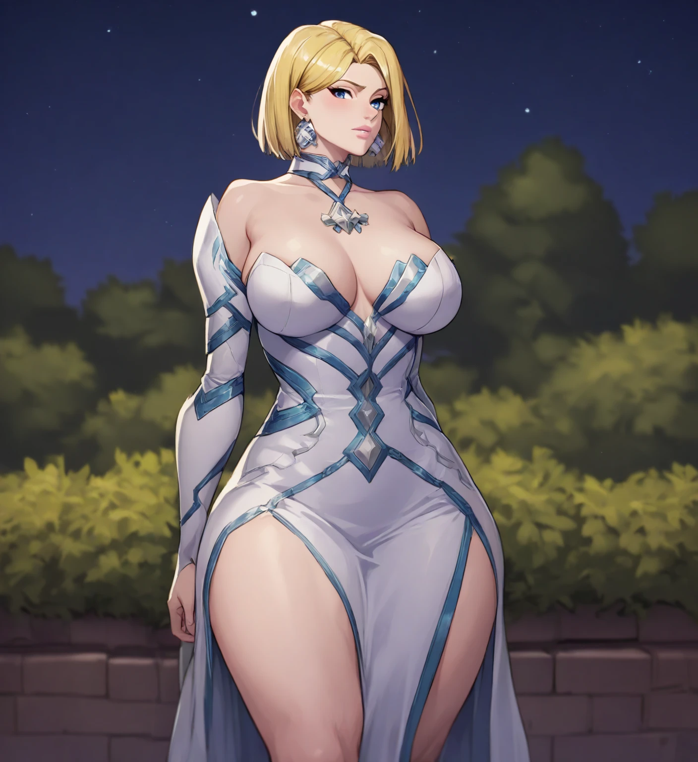 digital artwork of a fantasy female princess, chubby, thick thighs, purple clothes, blonde hair, hair in bun, silver tiara, cute, big eyes, detailed eyes, good lighting, slow motion, intricate detail, trending on ArtStation, trending on CGSociety, Intricate, High Detail, Sharp focus, dramatic, wearing extravagant dress,  elbow gloves, bare shoulders, collar, (skin indentation), detailed shadows, happy expression, full lips,  castle in background, toned body, [muscles], subsurface scattering, pale white skin, full body, (wide hips), lipstick, detailed muscles, covered navel, thigh straps, ruffles, skimpy