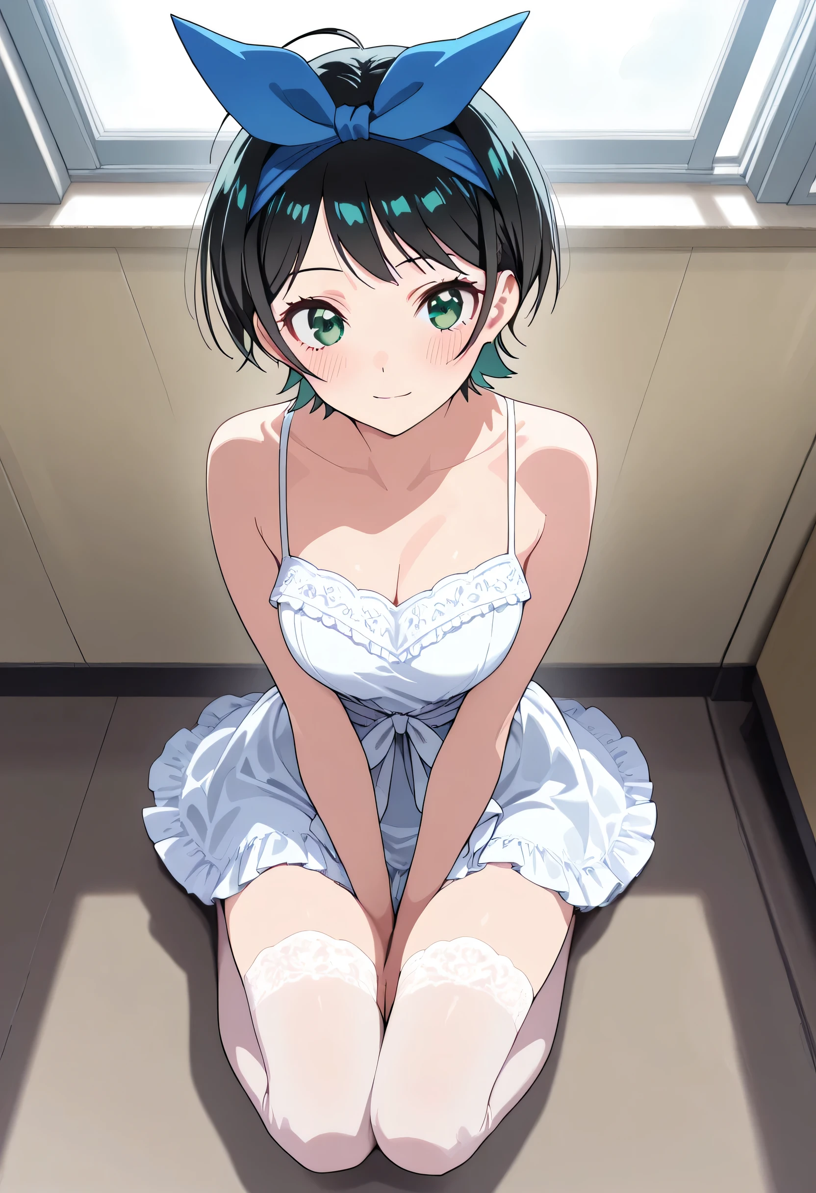 score_9, score_8_up, score_7_up, source_anime, 1girl, (Ruka Sarashina, short hair, bangs, black hair, ribbon, green eyes, hair ribbon, headband, blue headband), ahoge, best quality, masterpiece, ultra-detailed, high quality, highres, pretty woman, beautiful, beautiful and perfect face, light smile, beautiful formal short dress, looking at viewer, cute white heells, transparent white high stockings, blush, solo, full body